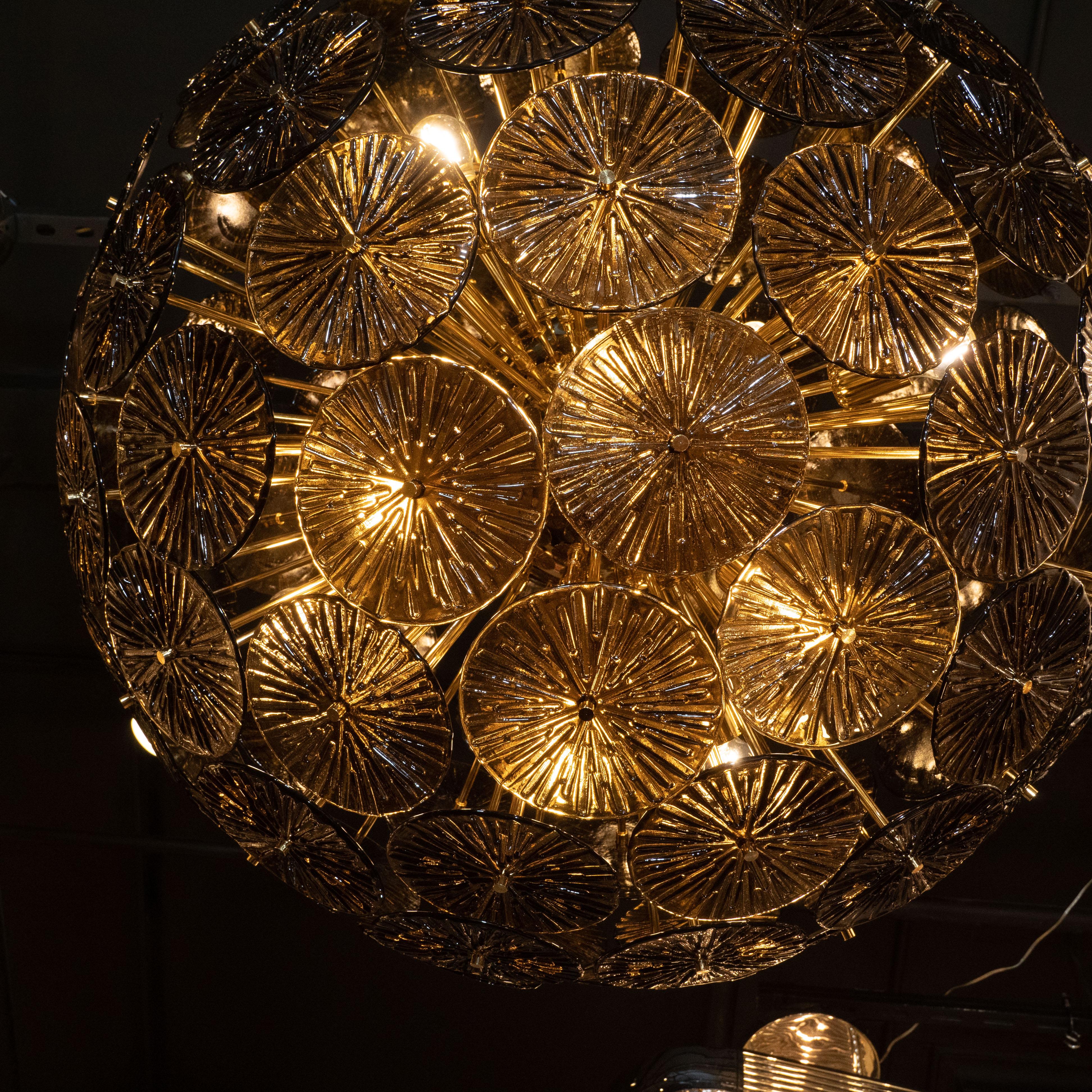 Murano Glass Modernist Handblown Murano Smoked Bronze Glass and Polished Brass Sputnik For Sale