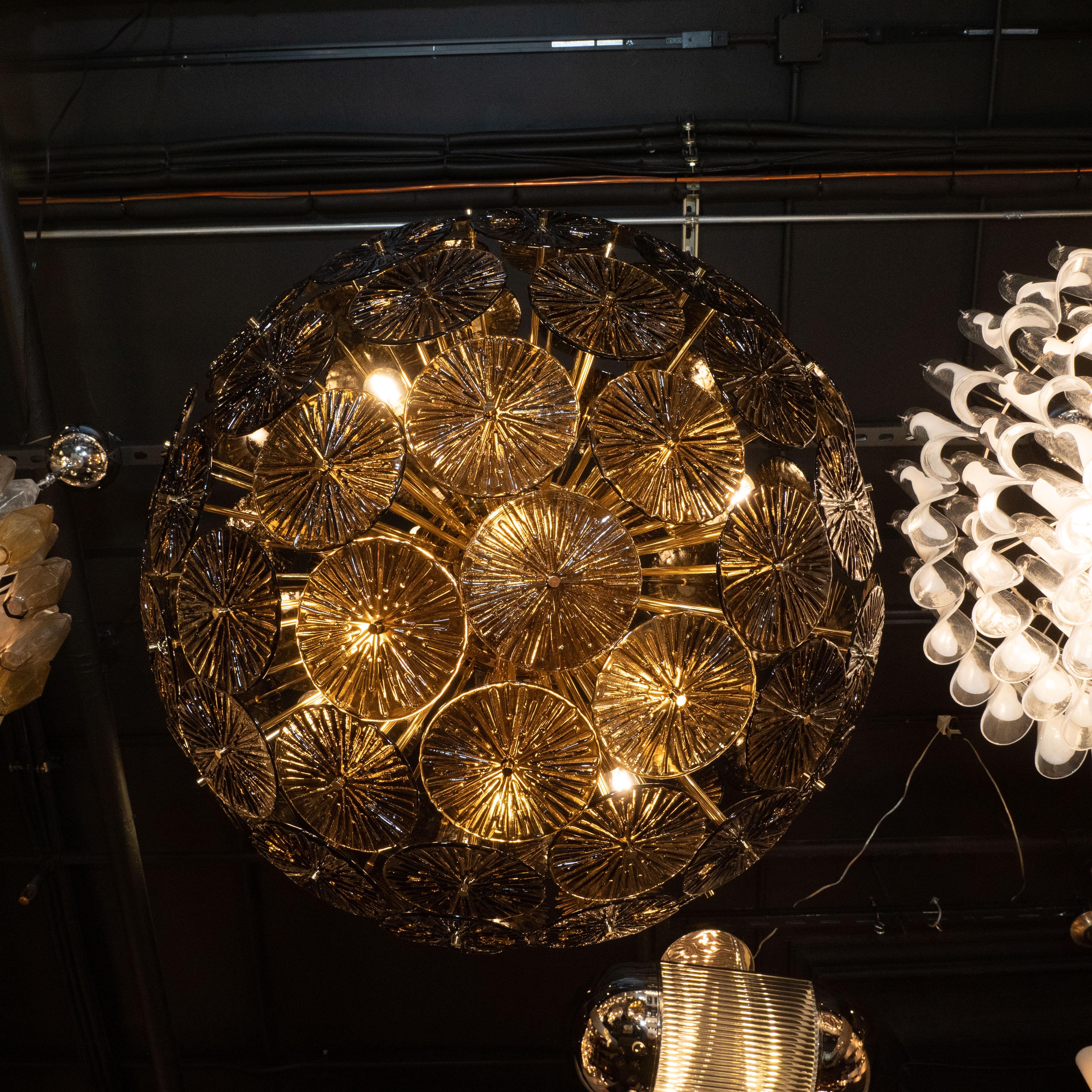 Modernist Hand Blown Murano Smoked Bronze Glass and Polished Brass Sputnik For Sale 1