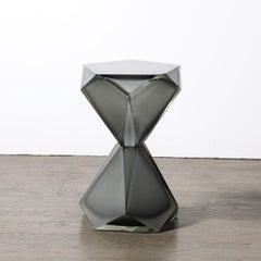 Modernist Handblown Murano Smoked & Frosted Graphite Faceted Hourglass End Table