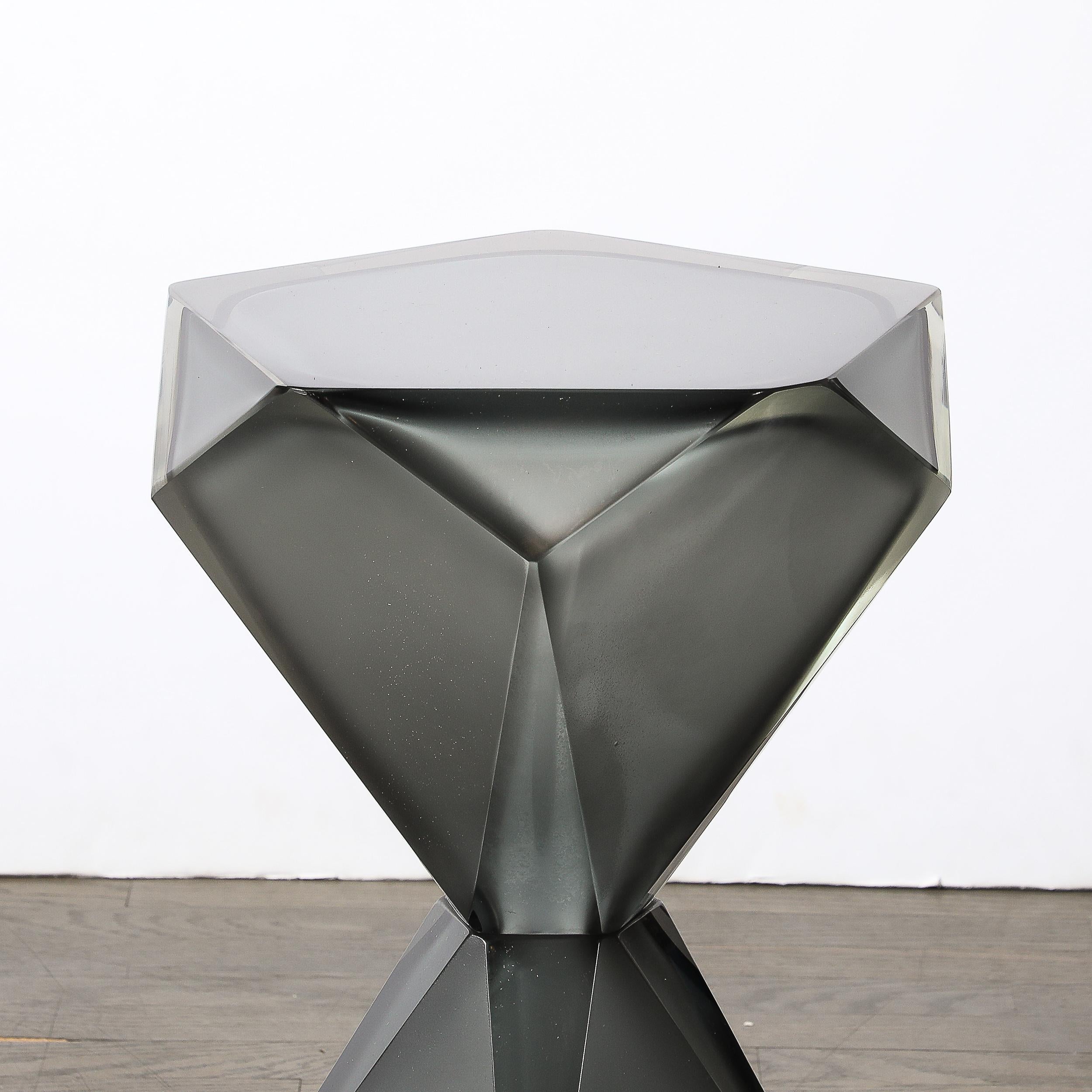 Italian Modernist Handblown Murano Smoked & Frosted Graphite Faceted Hourglass End Table For Sale