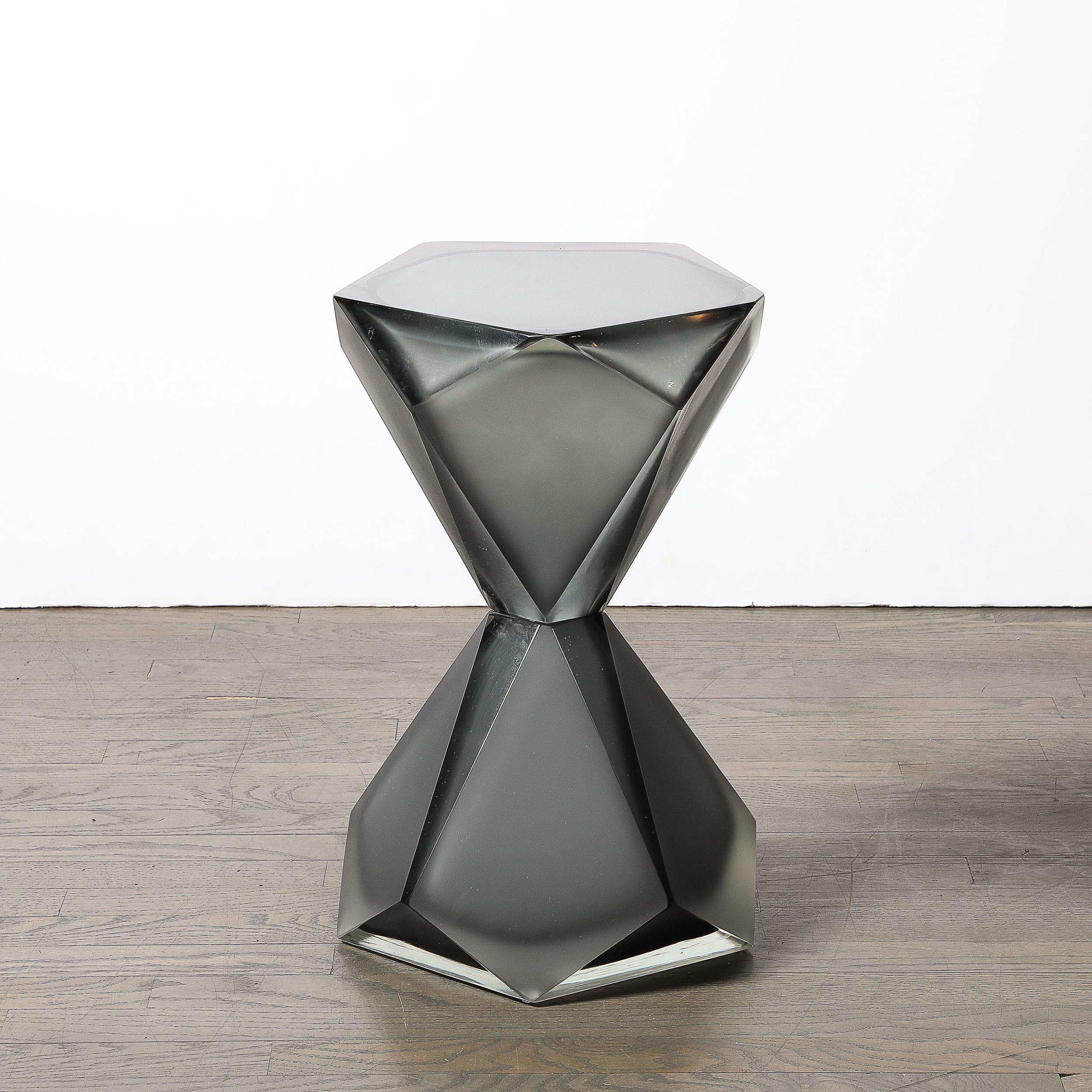 Contemporary Modernist Handblown Murano Smoked & Frosted Graphite Faceted Hourglass End Table For Sale