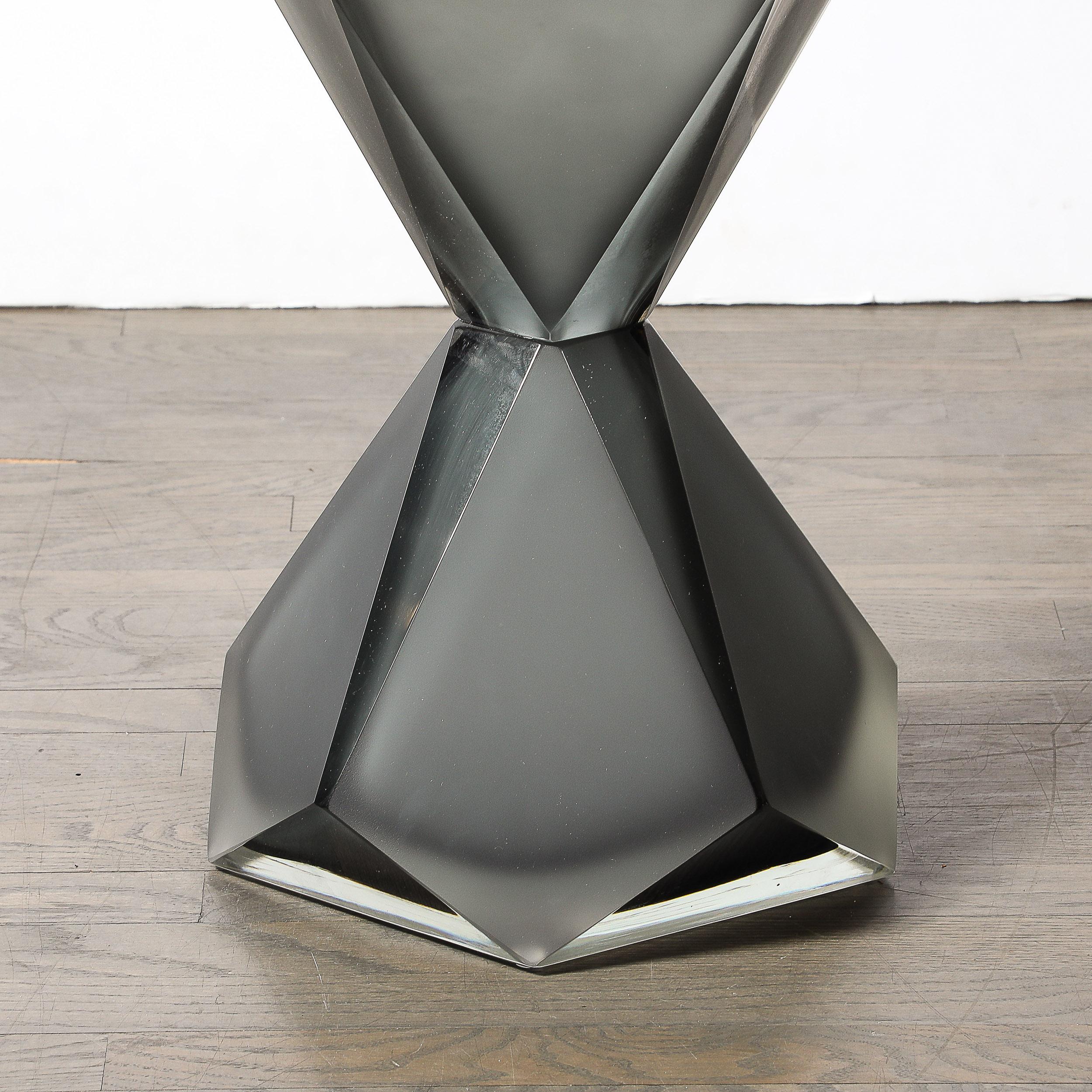 Murano Glass Modernist Handblown Murano Smoked & Frosted Graphite Faceted Hourglass End Table For Sale