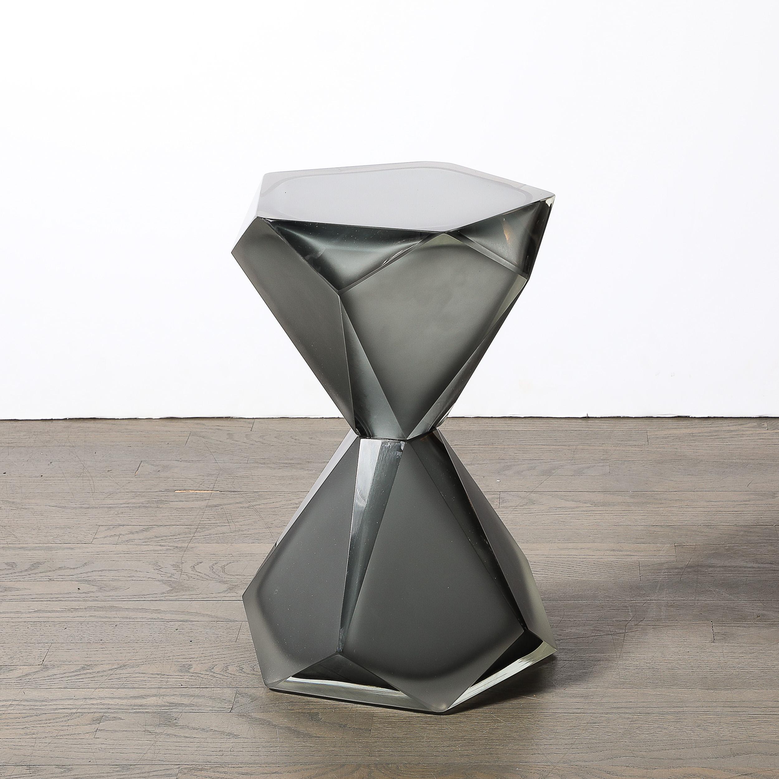 Modernist Handblown Murano Smoked & Frosted Graphite Faceted Hourglass End Table For Sale 1