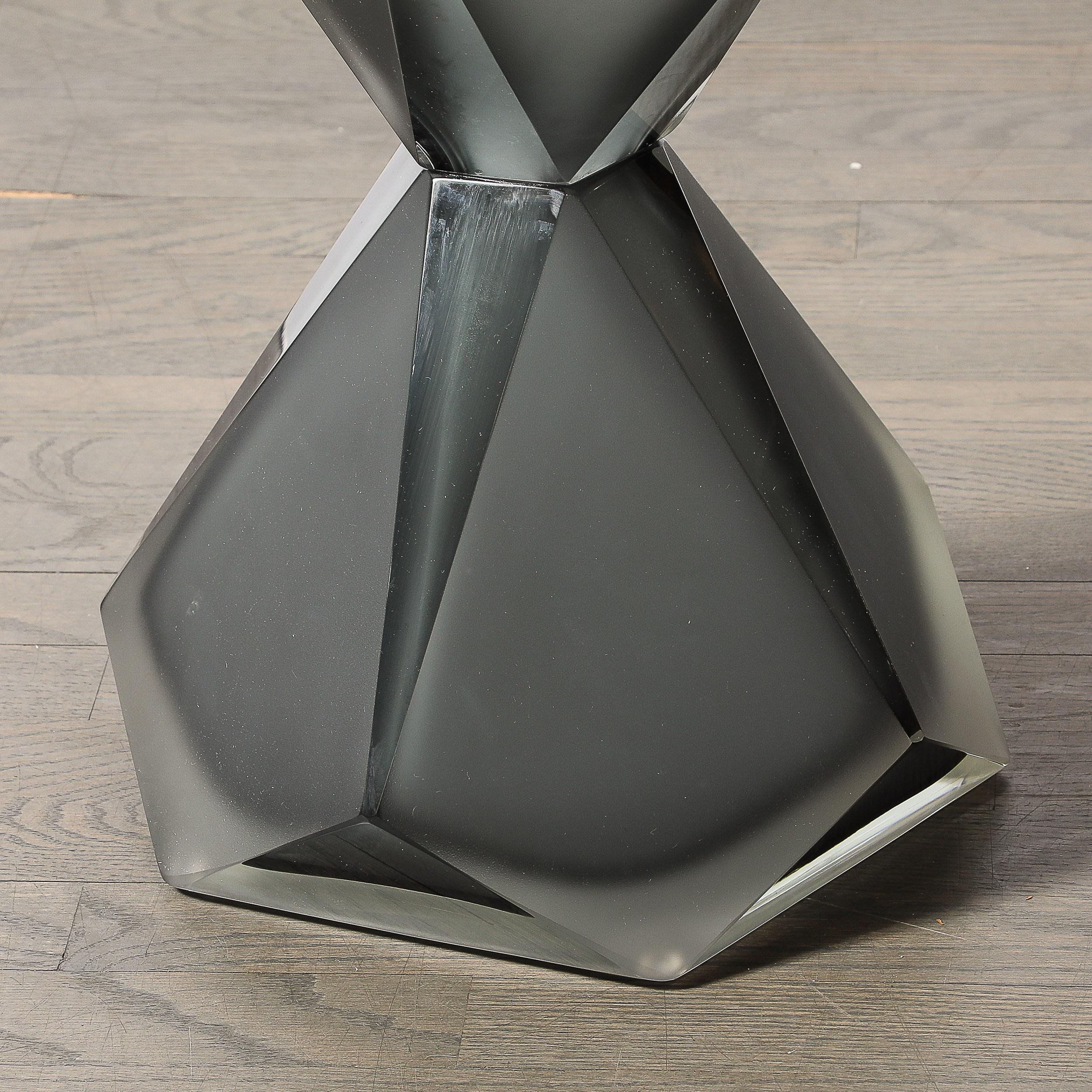 Modernist Handblown Murano Smoked & Frosted Graphite Faceted Hourglass End Table For Sale 2