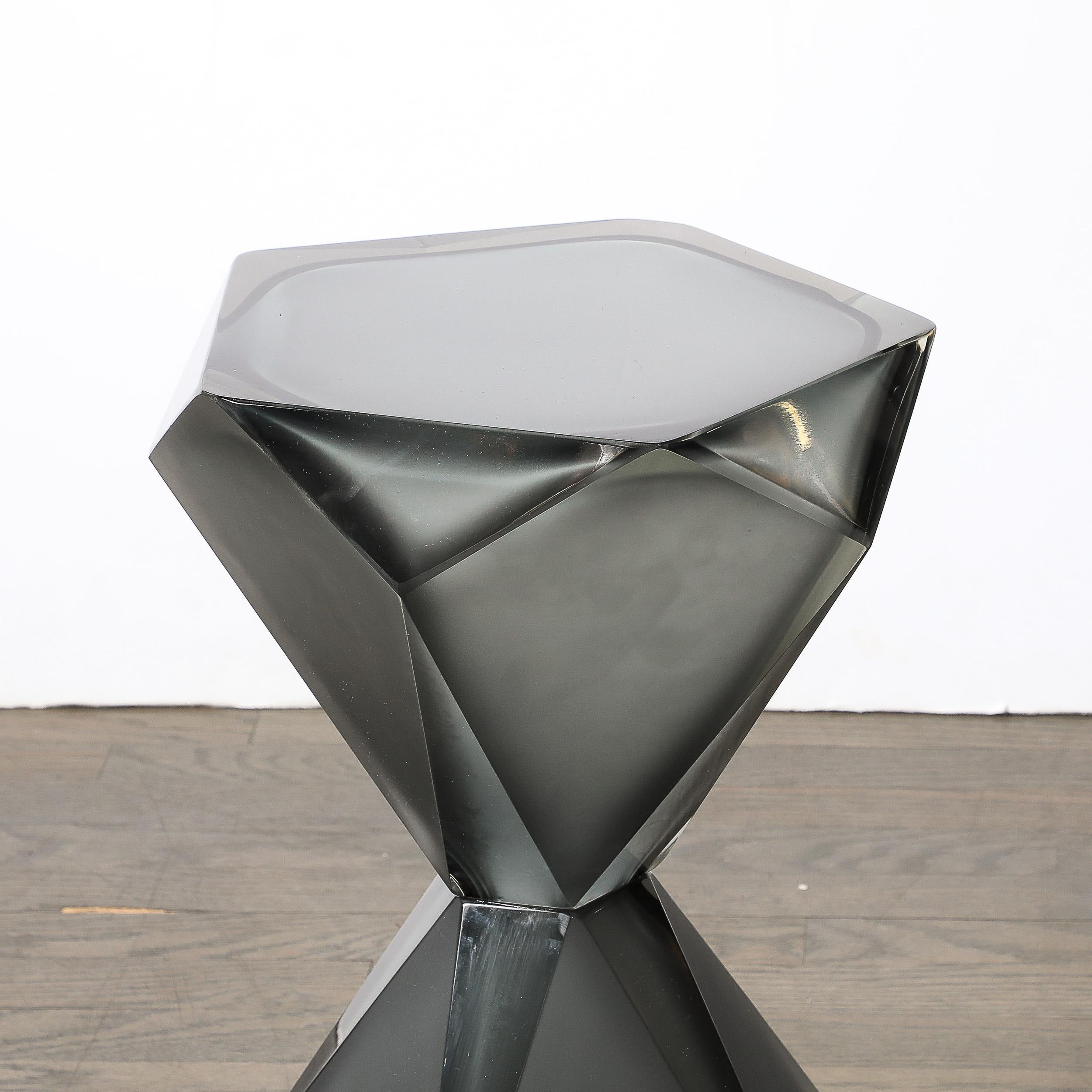 Modernist Handblown Murano Smoked & Frosted Graphite Faceted Hourglass End Table For Sale 3