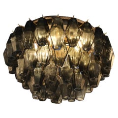Modernist Handblown Murano Smoked Glass Polyhedral Flush Mount w/ Brass Fittings