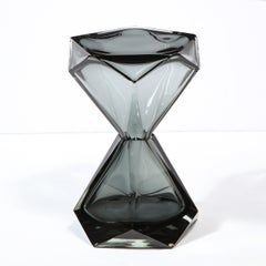 Modernist Handblown Murano Smoked Graphite Faceted Hourglass Side/ End Table