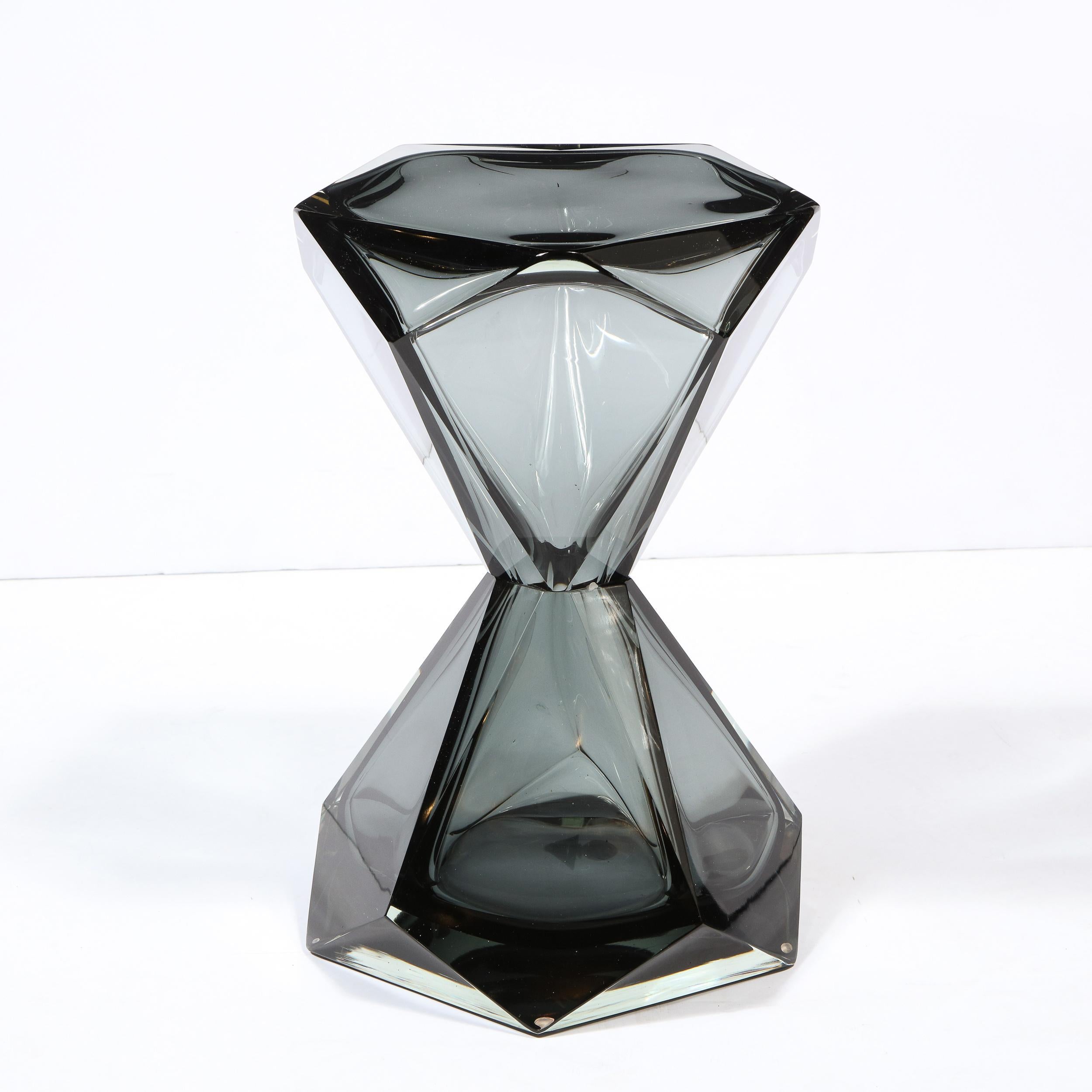Italian Modernist Handblown Murano Smoked Graphite Faceted Hourglass Side/ End Table For Sale