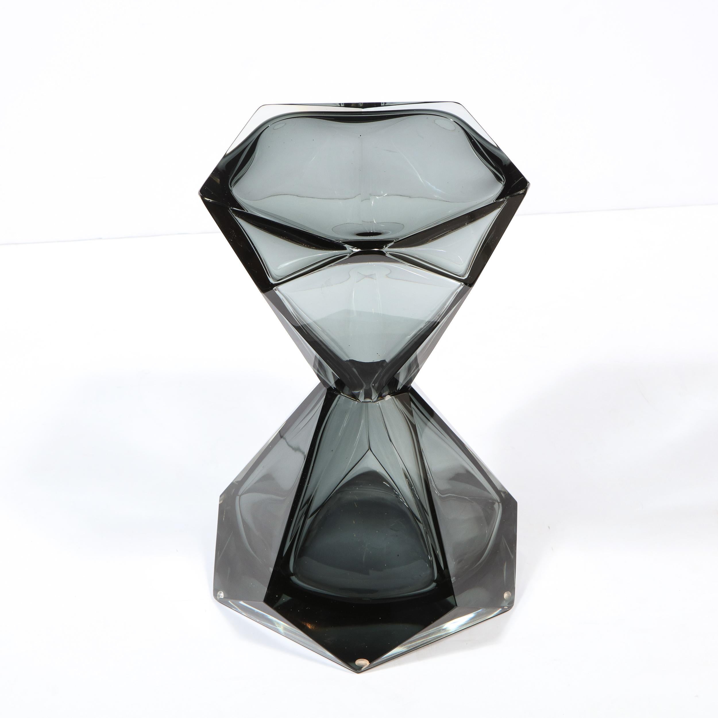 Contemporary Modernist Handblown Murano Smoked Graphite Faceted Hourglass Side/ End Table For Sale
