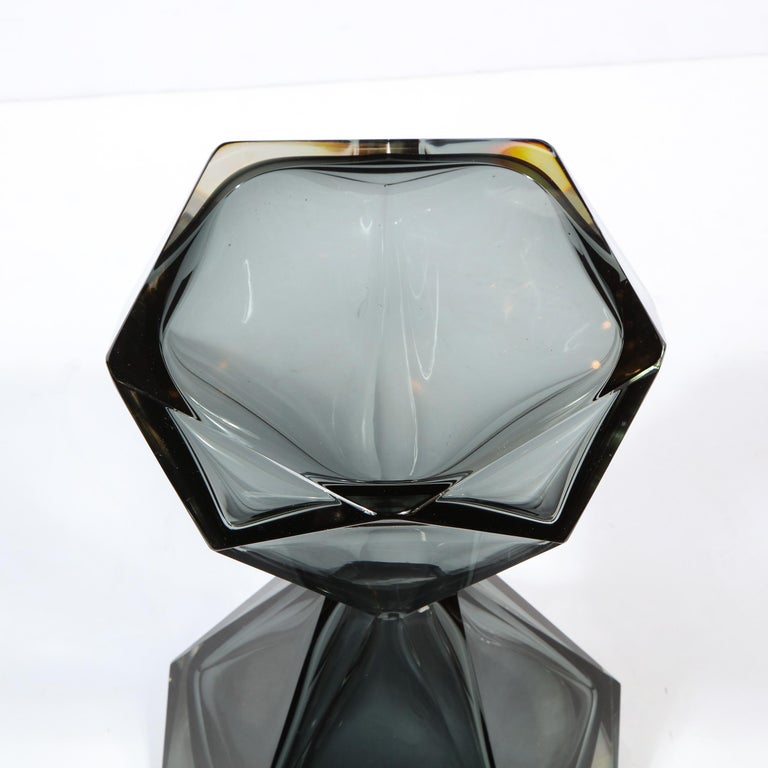 Murano Glass Modernist Handblown Murano Smoked Graphite Faceted Hourglass Side/ End Table