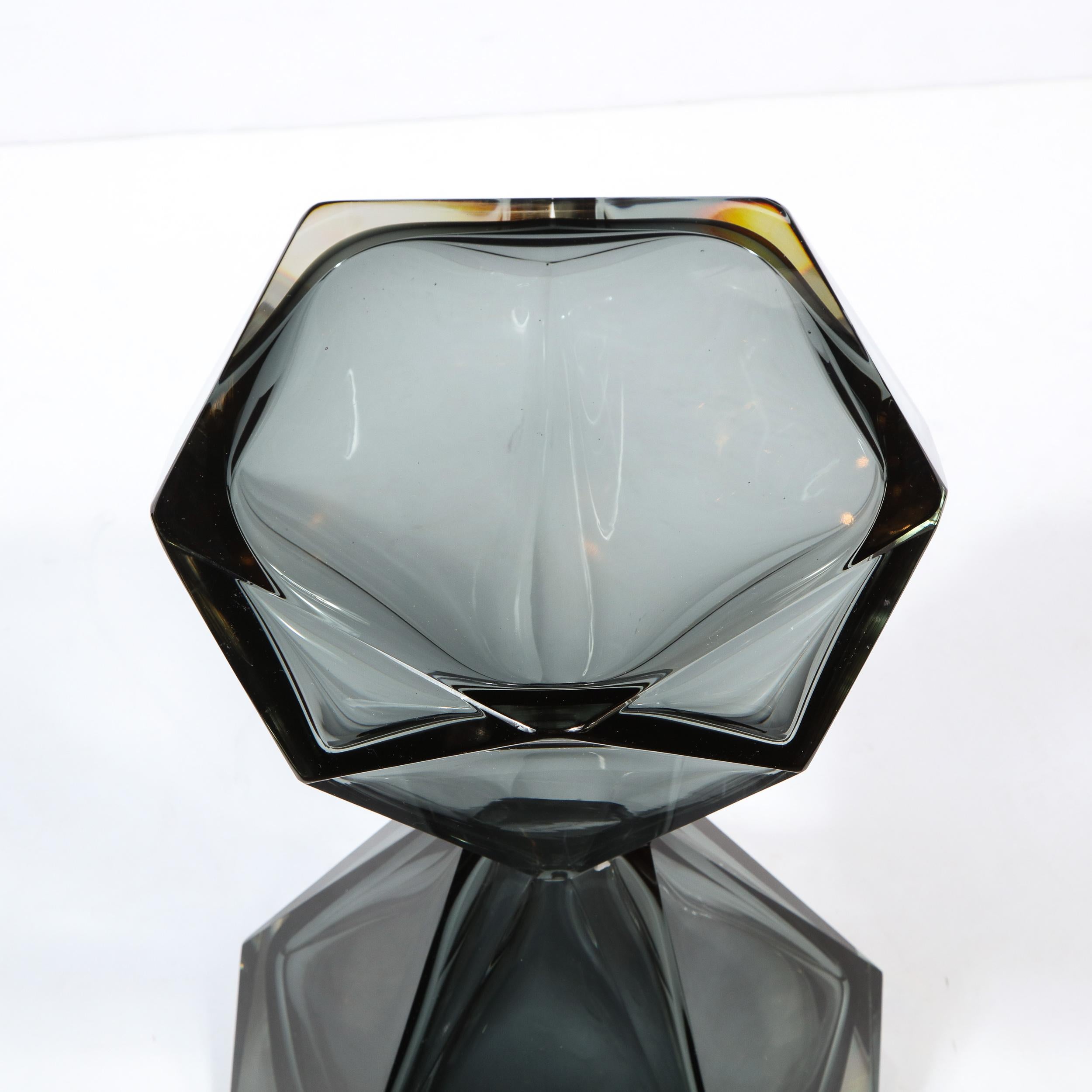Murano Glass Modernist Handblown Murano Smoked Graphite Faceted Hourglass Side/ End Table For Sale