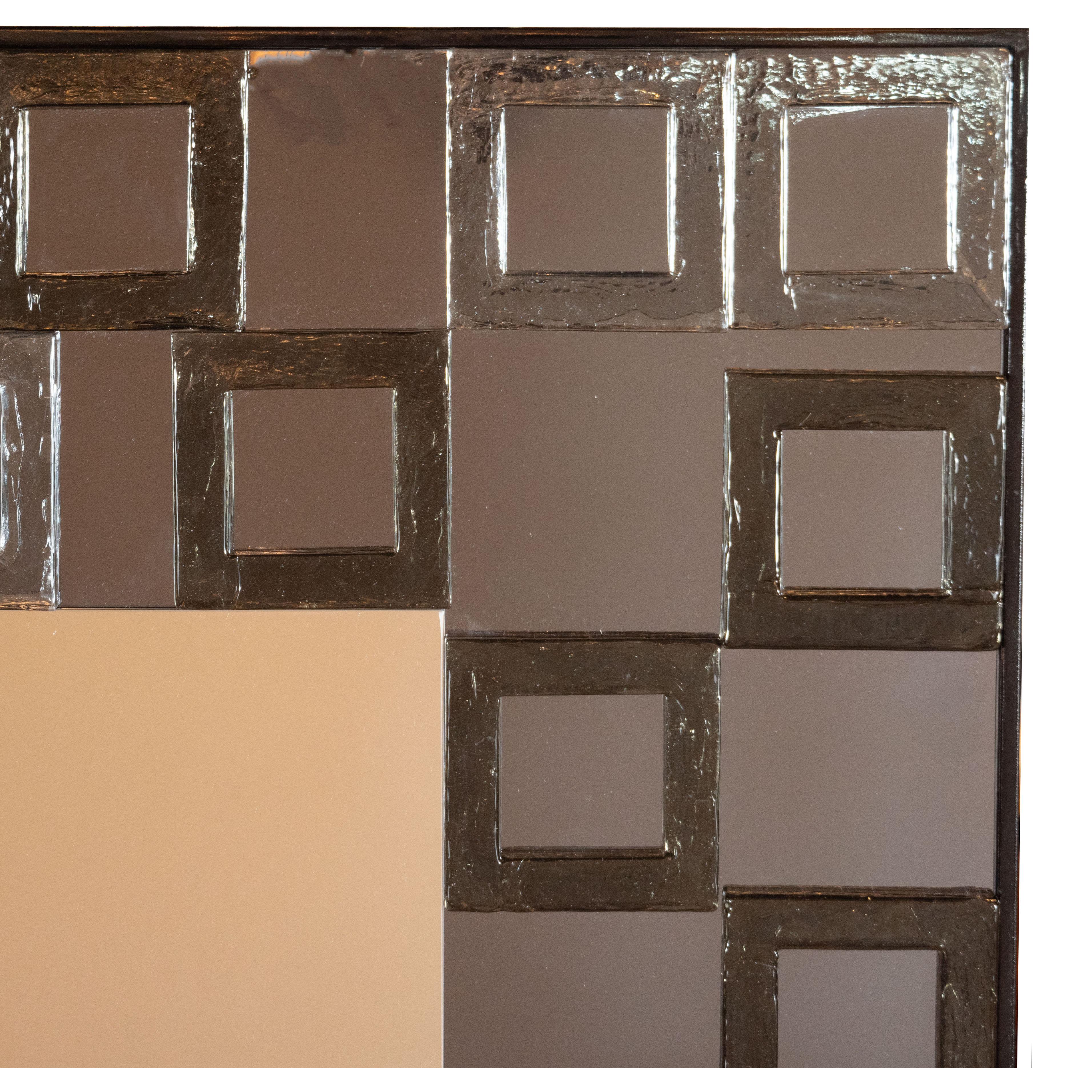 Murano Glass Modernist Handblown Murano Smoked Mirror with Repeating Square Motifs For Sale
