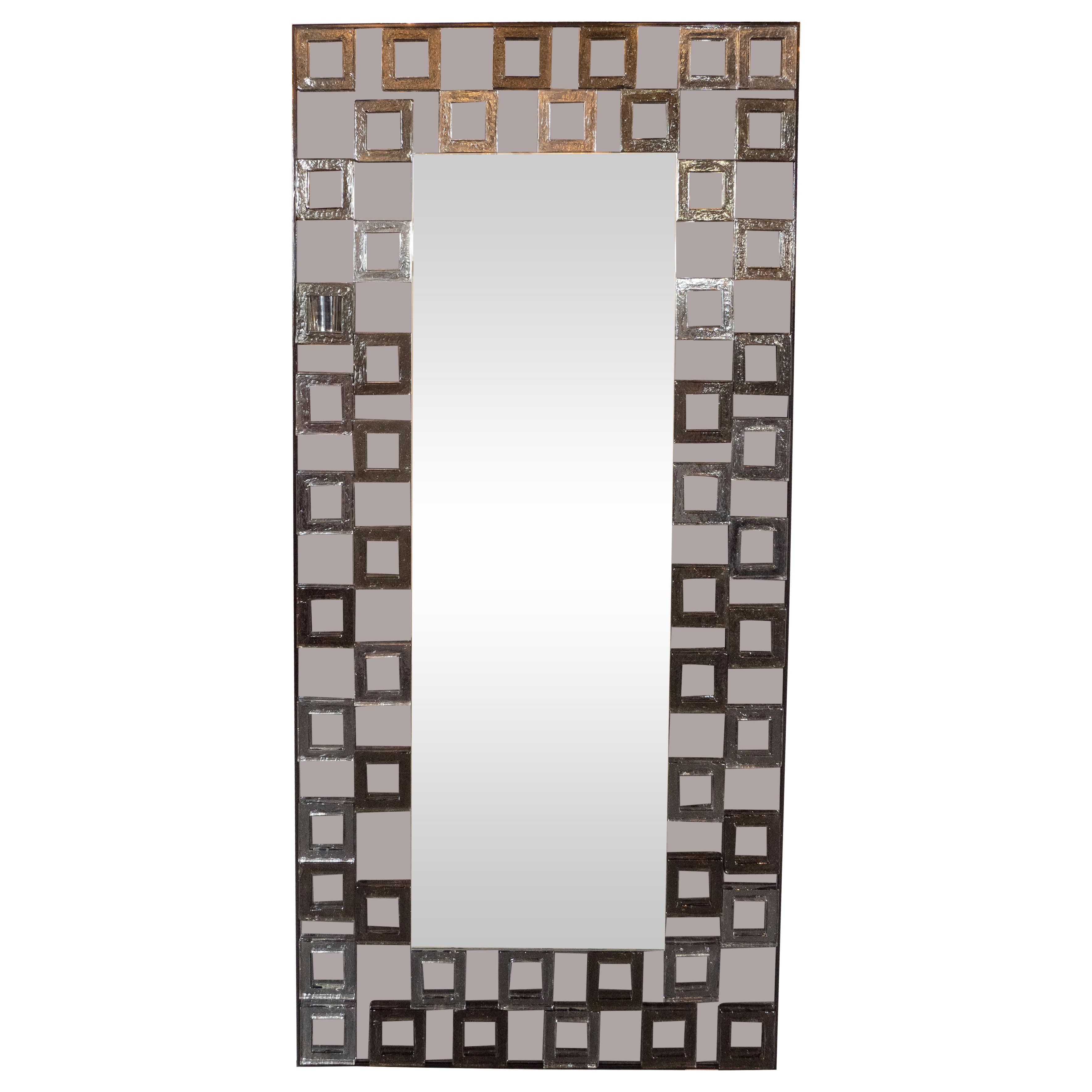 Modernist Handblown Murano Smoked Mirror with Repeating Square Motifs
