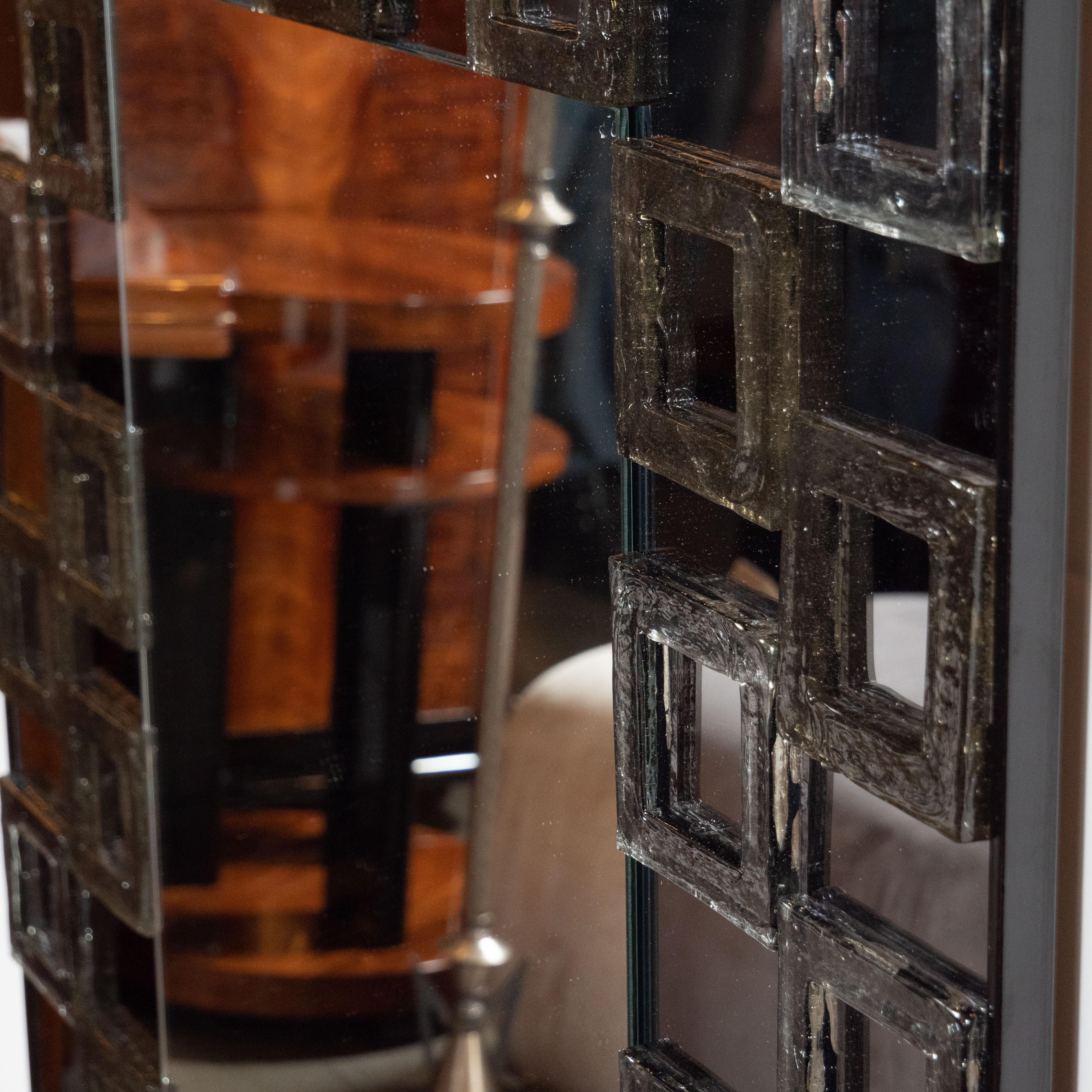 Modernist Hand Blown Murano Smoked Mirror with Square Motifs in Relief (21. Jahrhundert und zeitgenössisch)