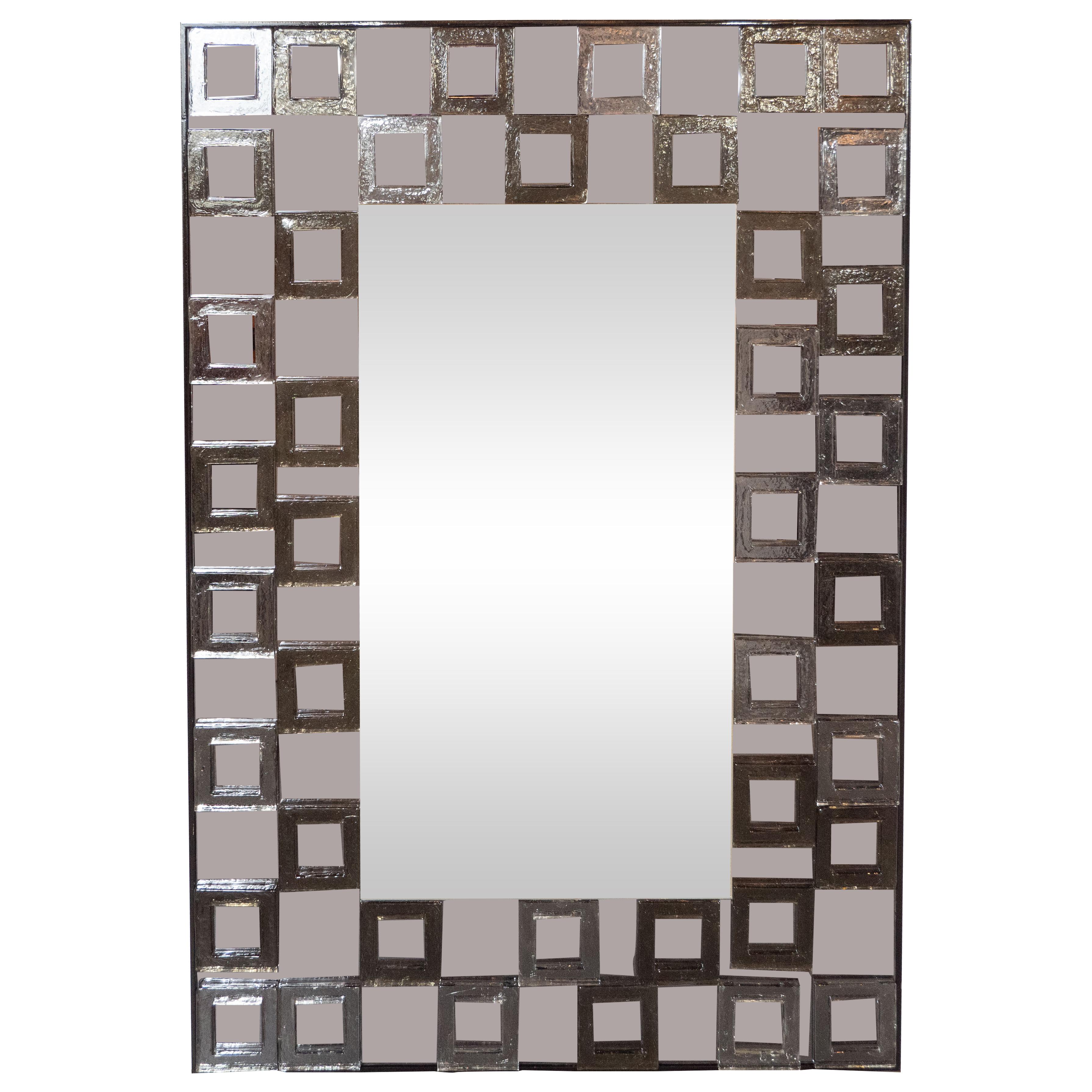 Modernist Hand Blown Murano Smoked Mirror with Square Motifs in Relief