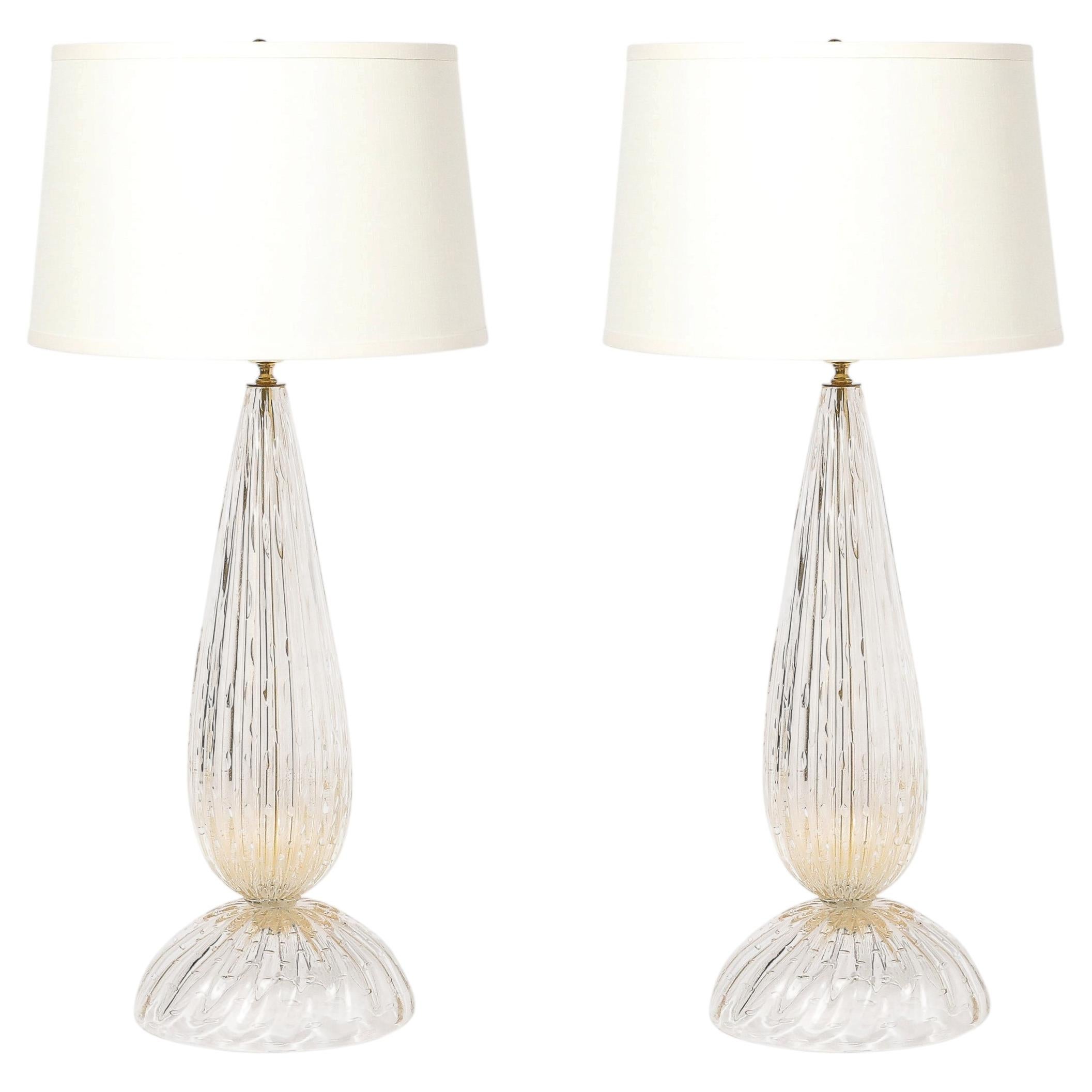 Modernist Handblown Murano Table Lamps in Glass and Brass, 24-karat Gold Flecks
