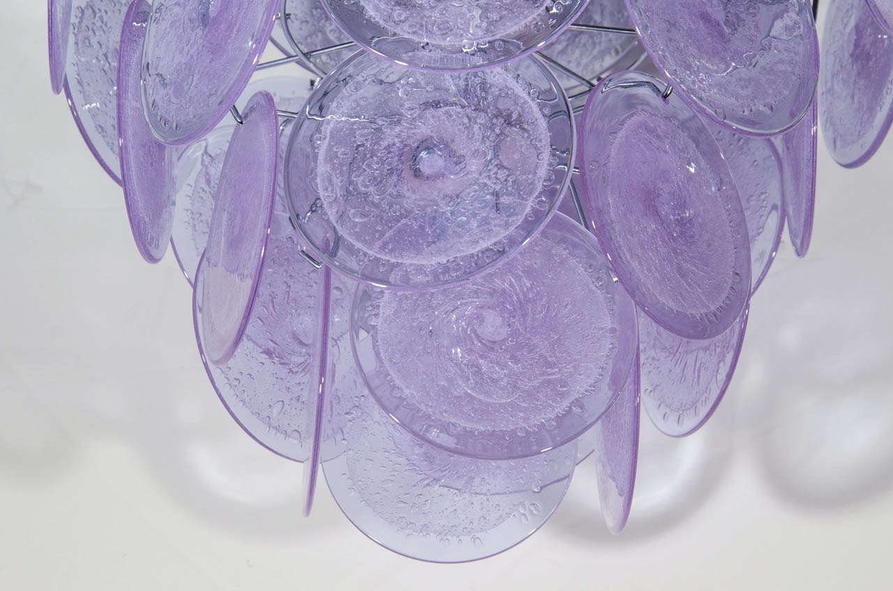 Italian Modernist Handblown Murano Tranluscent Lavender Four-Tier Disc Chandelier For Sale