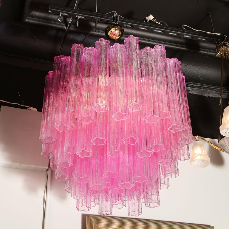 Modernist Handblown Murano Translucent Fuschia Chandelier with Chrome Fittings For Sale 6