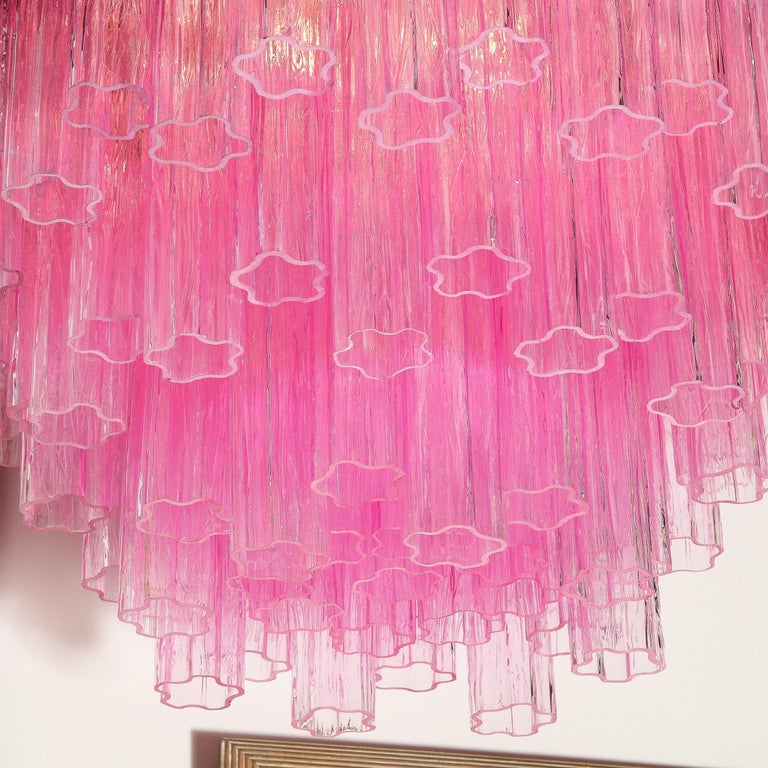 Modernist Handblown Murano Translucent Fuschia Chandelier with Chrome Fittings For Sale 7