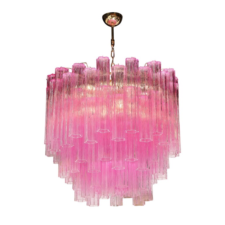 Modernist Handblown Murano Translucent Fuschia Chandelier with Chrome Fittings In Excellent Condition For Sale In New York, NY