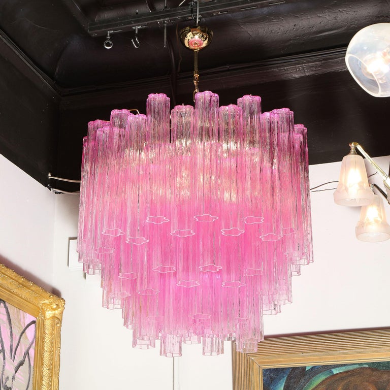 Contemporary Modernist Handblown Murano Translucent Fuschia Chandelier with Chrome Fittings For Sale