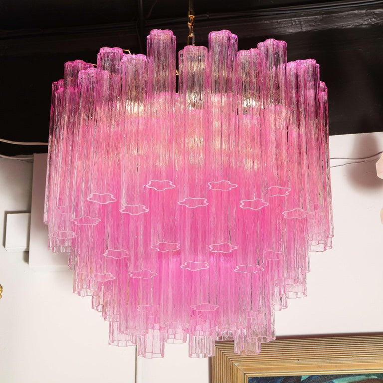 Modernist Handblown Murano Translucent Fuschia Chandelier with Chrome Fittings For Sale 1