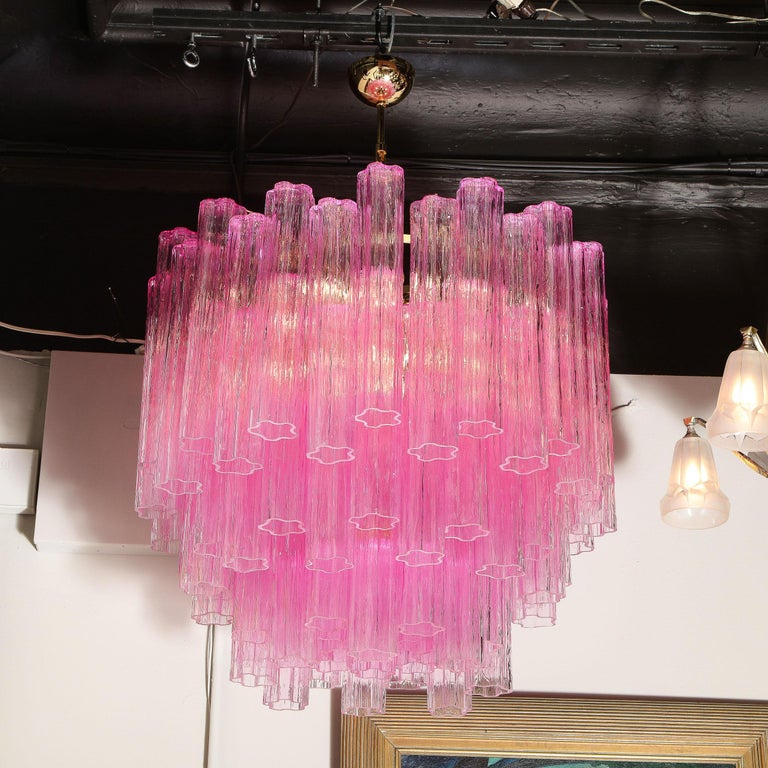 Modernist Handblown Murano Translucent Fuschia Chandelier with Chrome Fittings For Sale 2