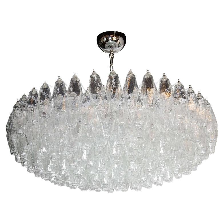 Modernist Handblown Murano Translucent Glass and Chrome Polyhedral Chandelier