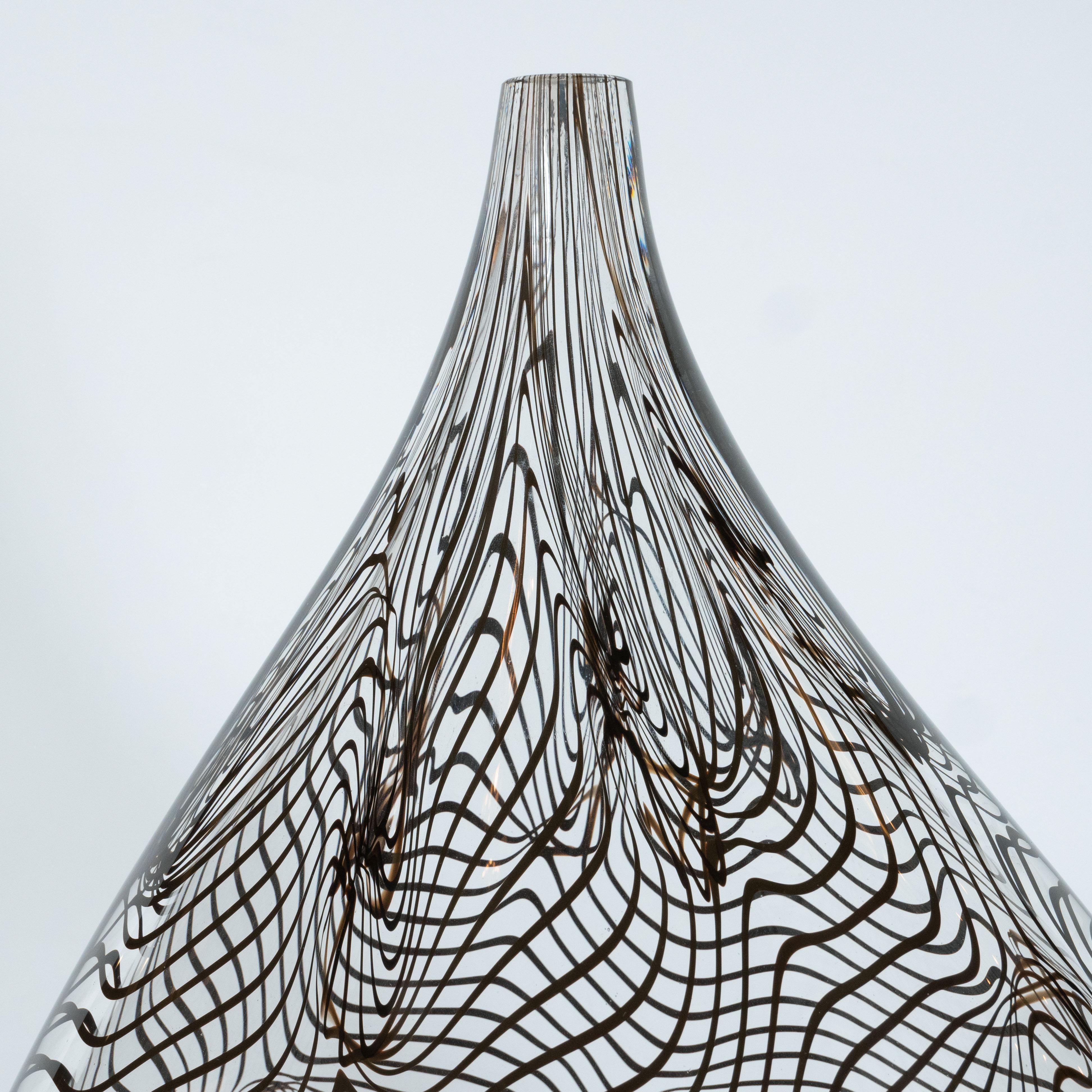Italian Modernist Hand Blown Murano Translucent Tear Drop Vase with Black Swirl Details