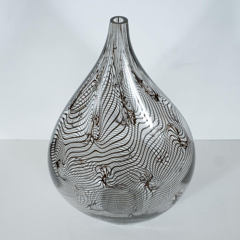 Contemporary Modernist Hand Blown Murano Translucent Tear Drop Vase with Black Swirl Details