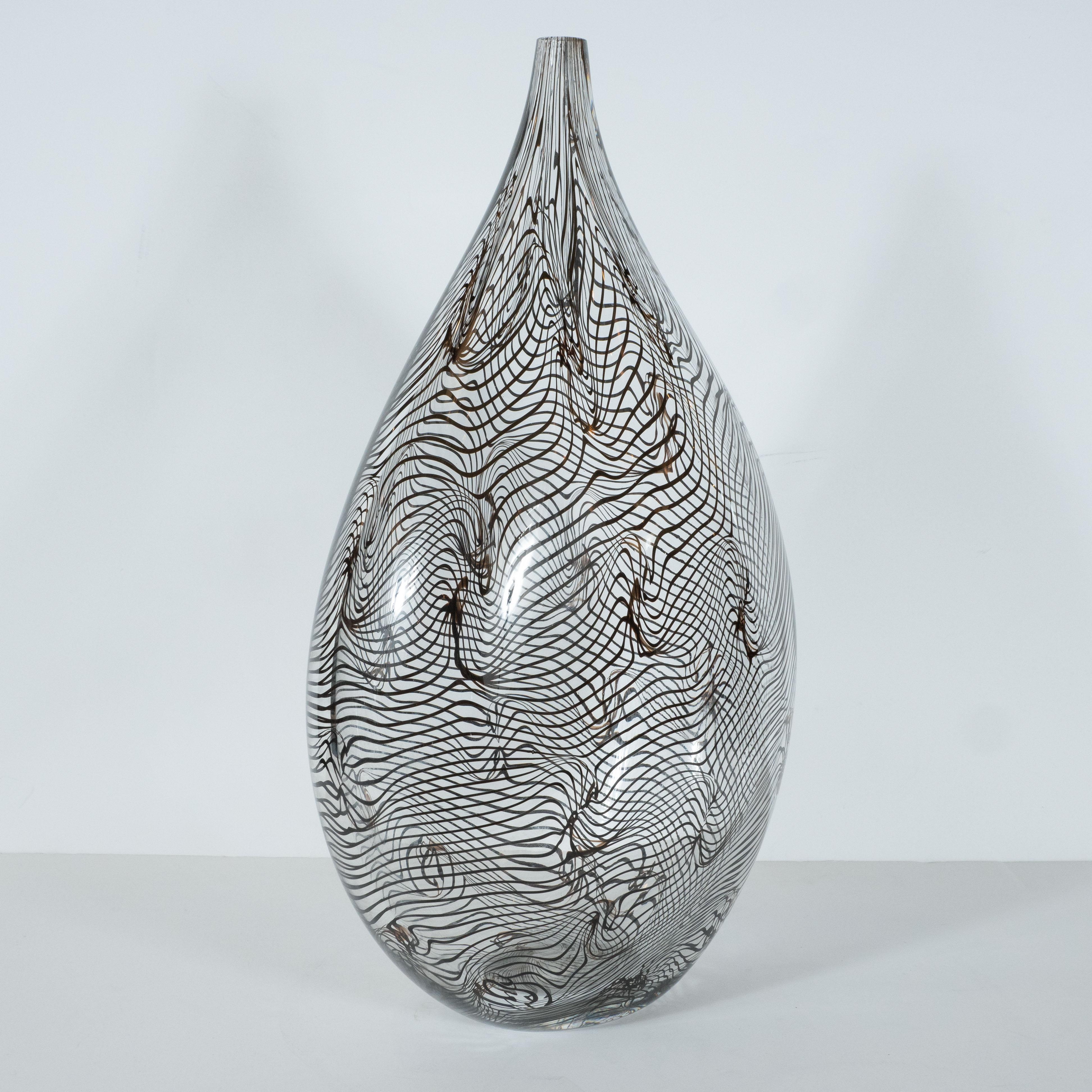 Contemporary Modernist Hand Blown Murano Translucent Tear Drop Vase with Black Swirl Details