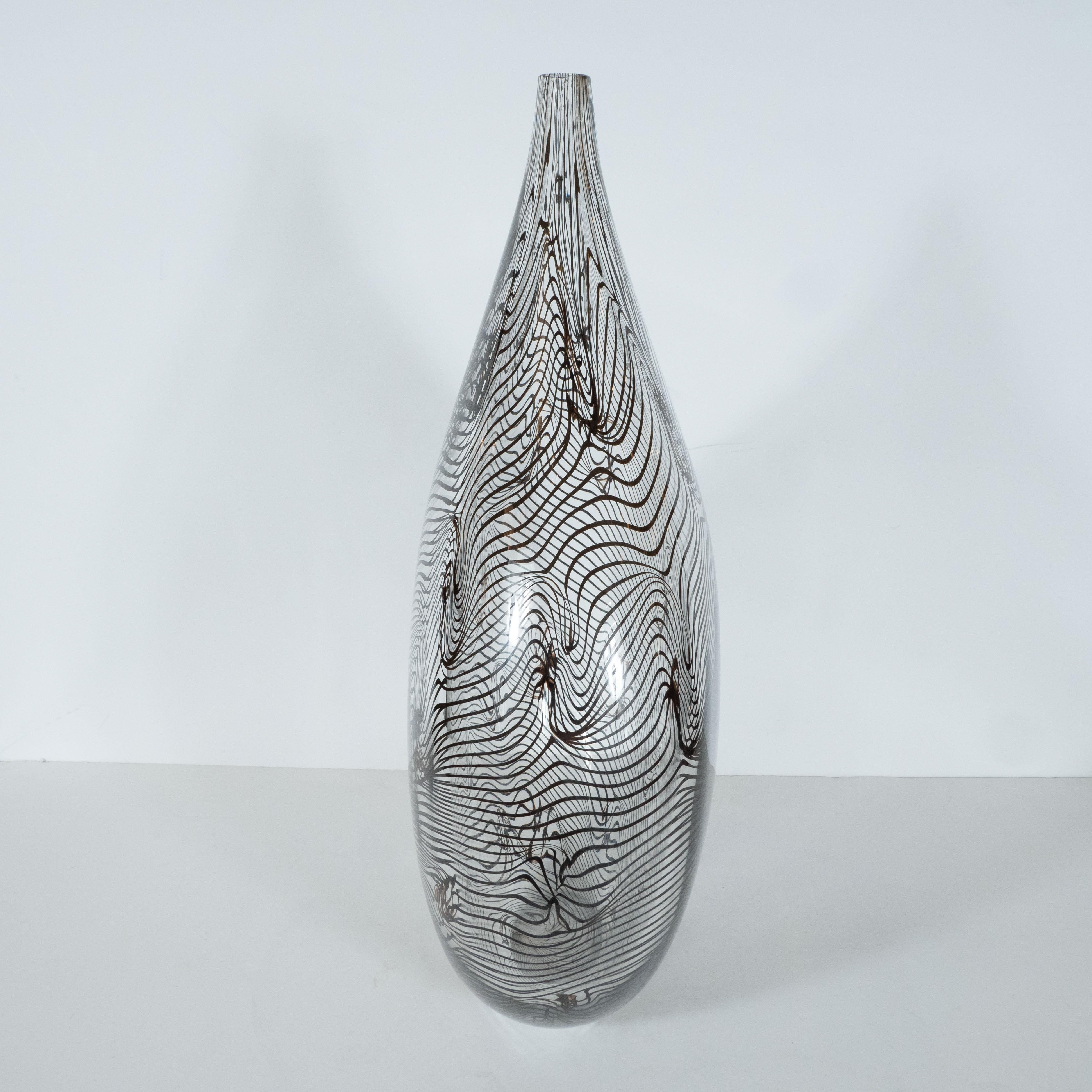 Murano Glass Modernist Hand Blown Murano Translucent Tear Drop Vase with Black Swirl Details