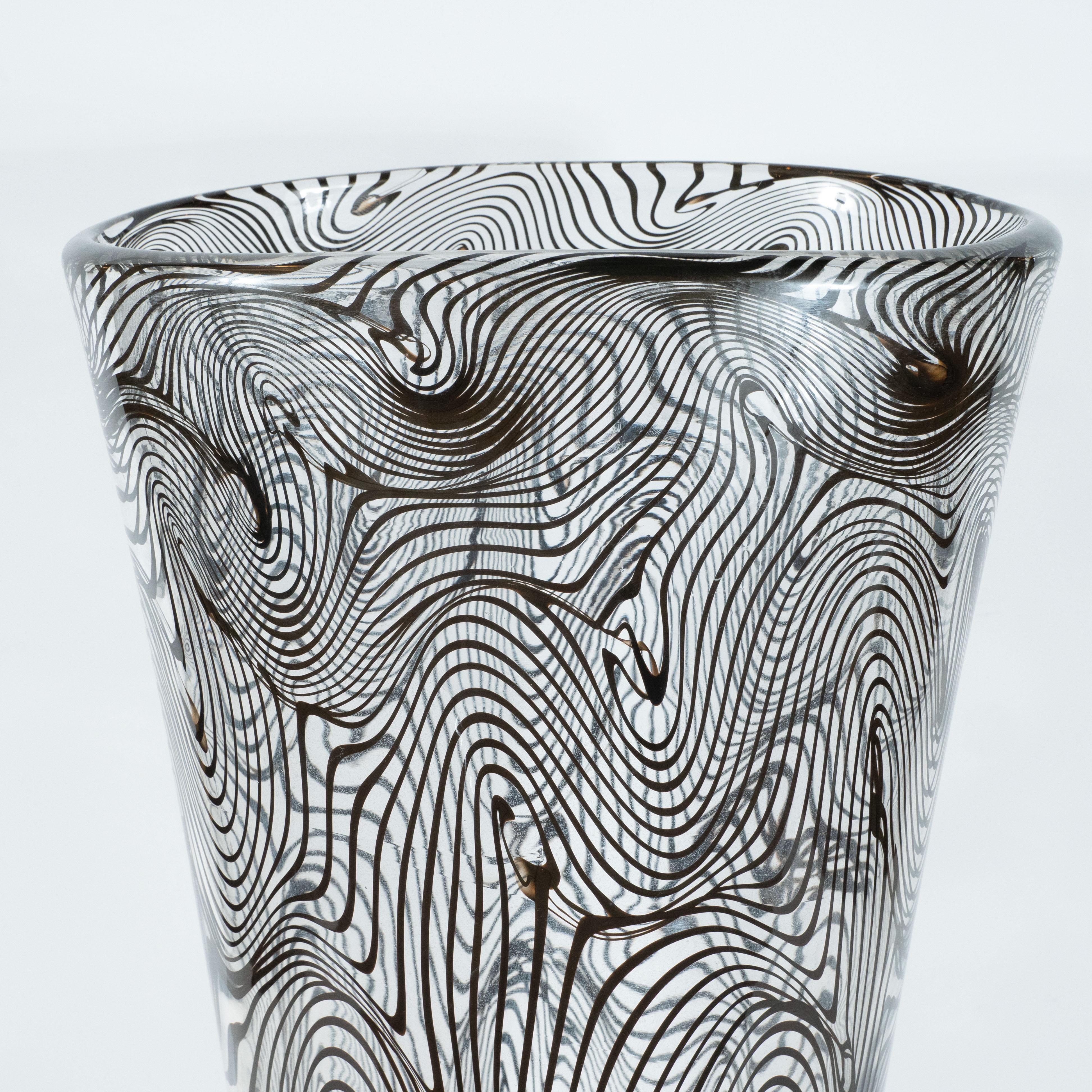 Italian Modernist Hand Blown Murano Translucent Vase with Organic Black Swirl Detailing