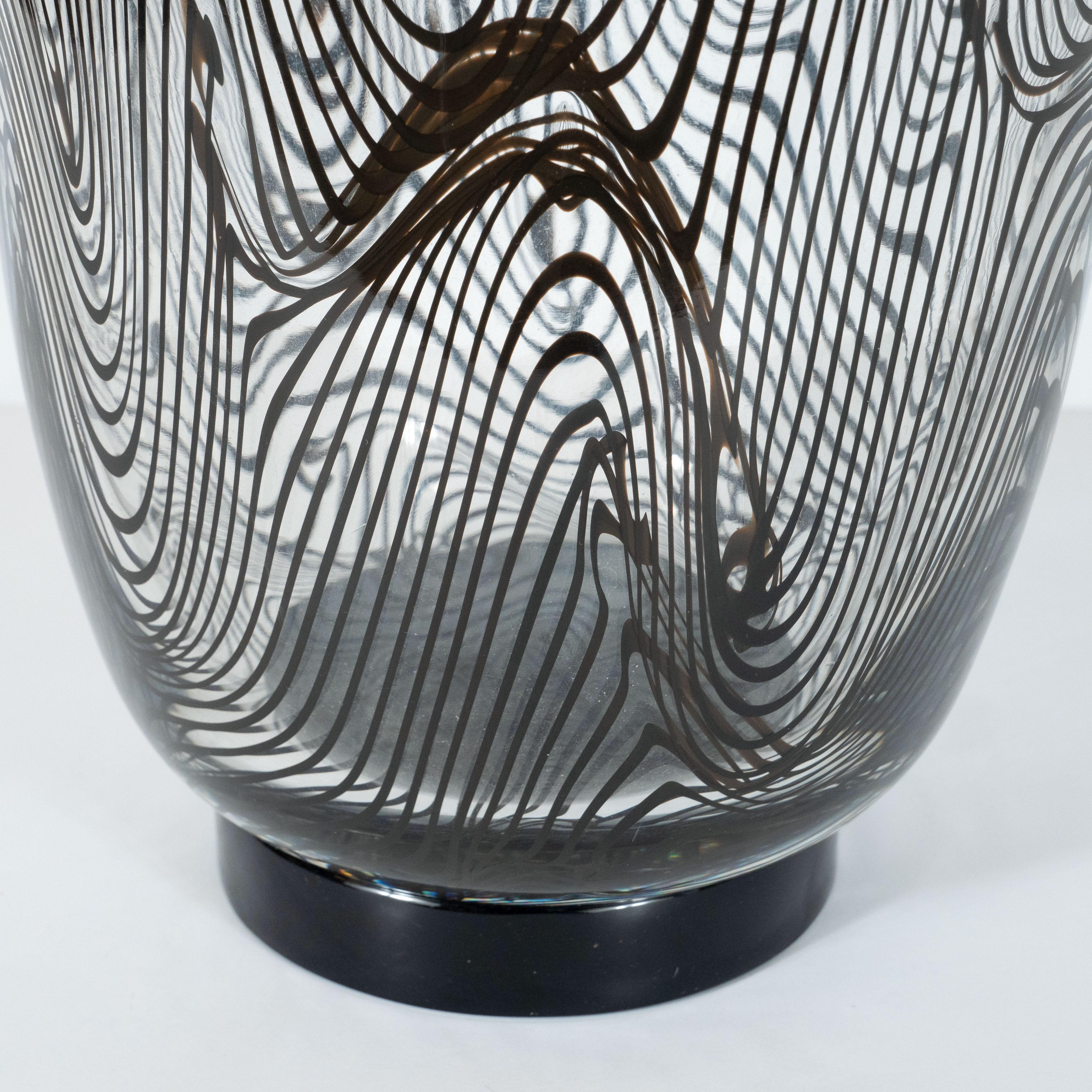 Contemporary Modernist Hand Blown Murano Translucent Vase with Organic Black Swirl Detailing