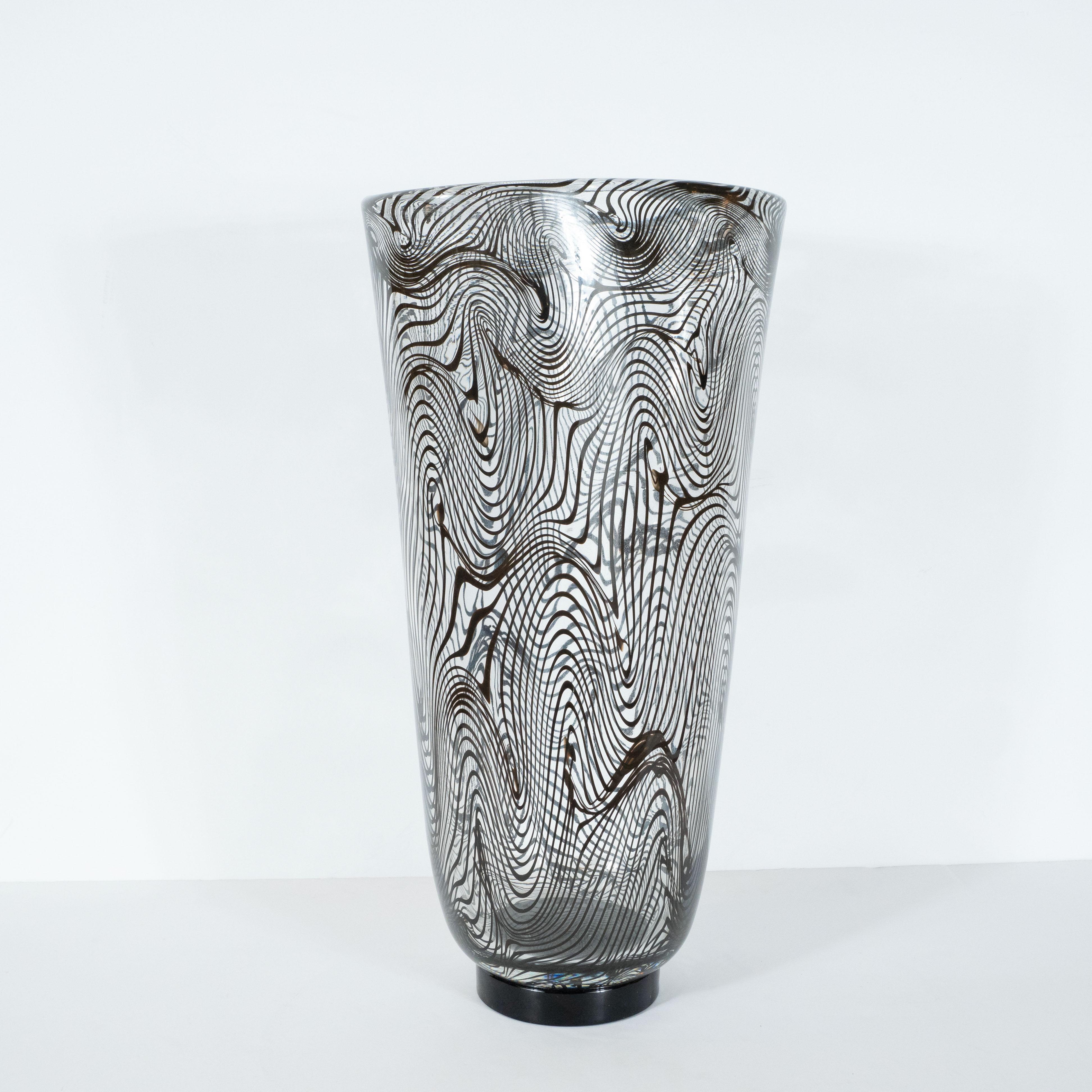 Murano Glass Modernist Hand Blown Murano Translucent Vase with Organic Black Swirl Detailing