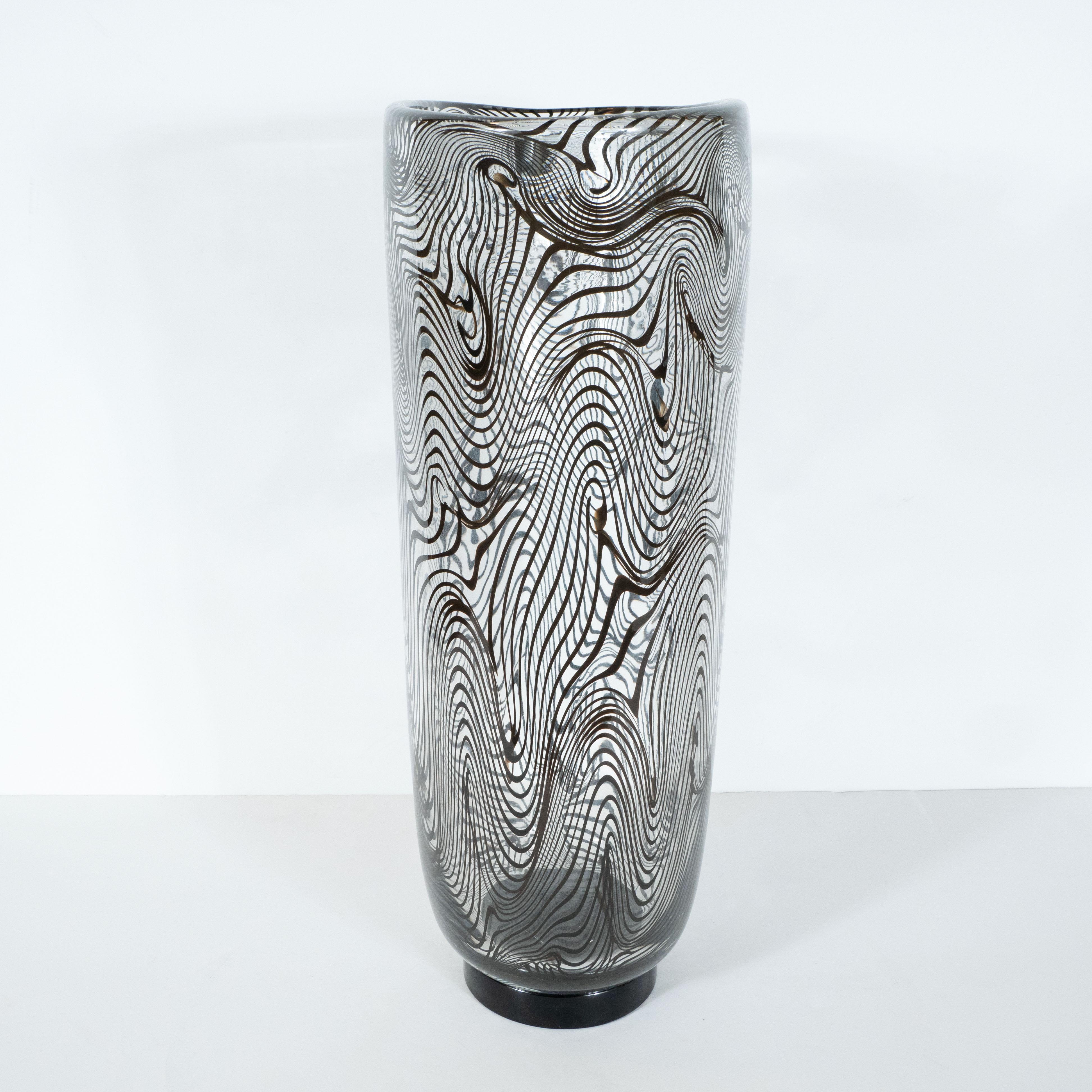 Modernist Hand Blown Murano Translucent Vase with Organic Black Swirl Detailing 1