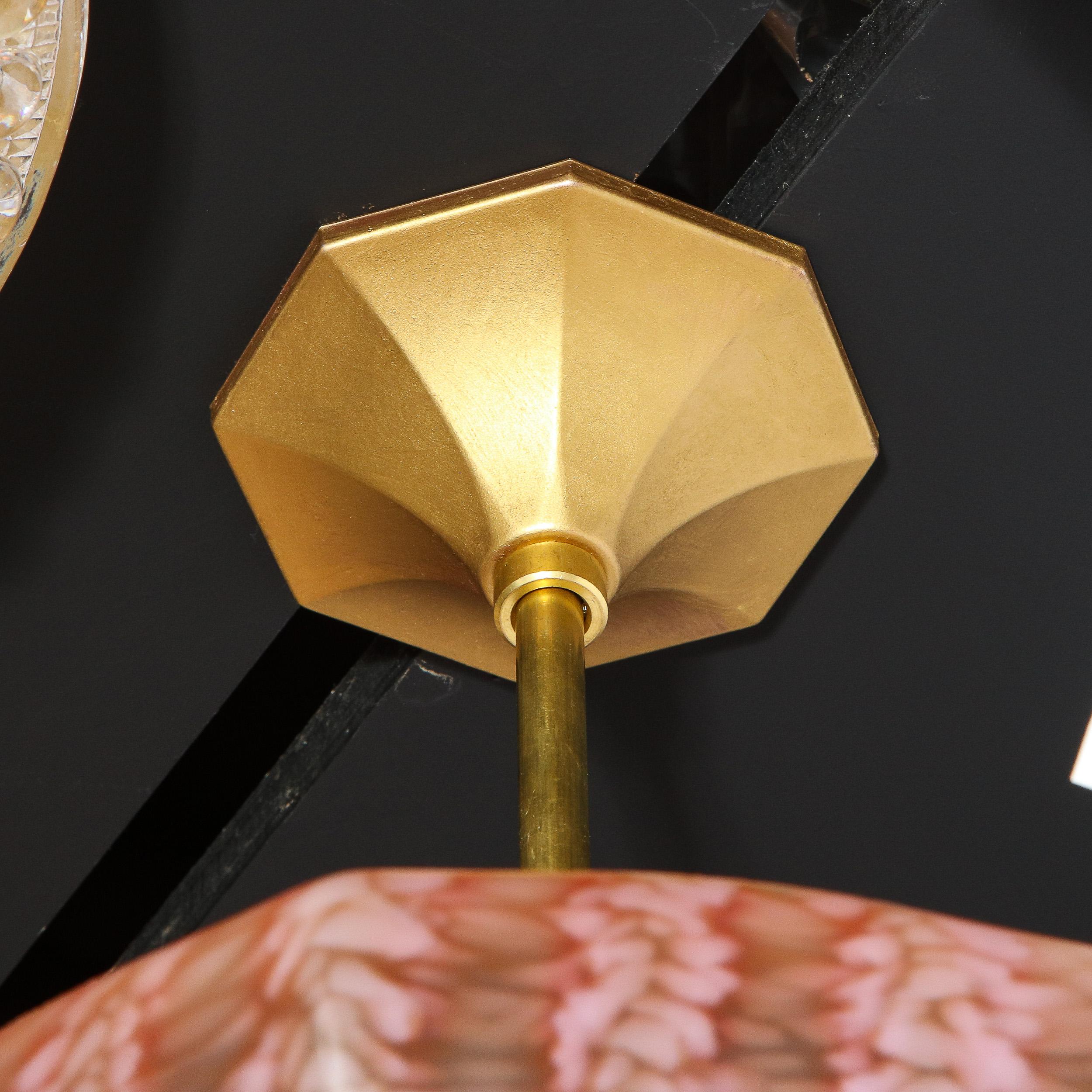Modernist Handblown Murano Variegated Rose Glass & Brass Pendant Chandelier 7
