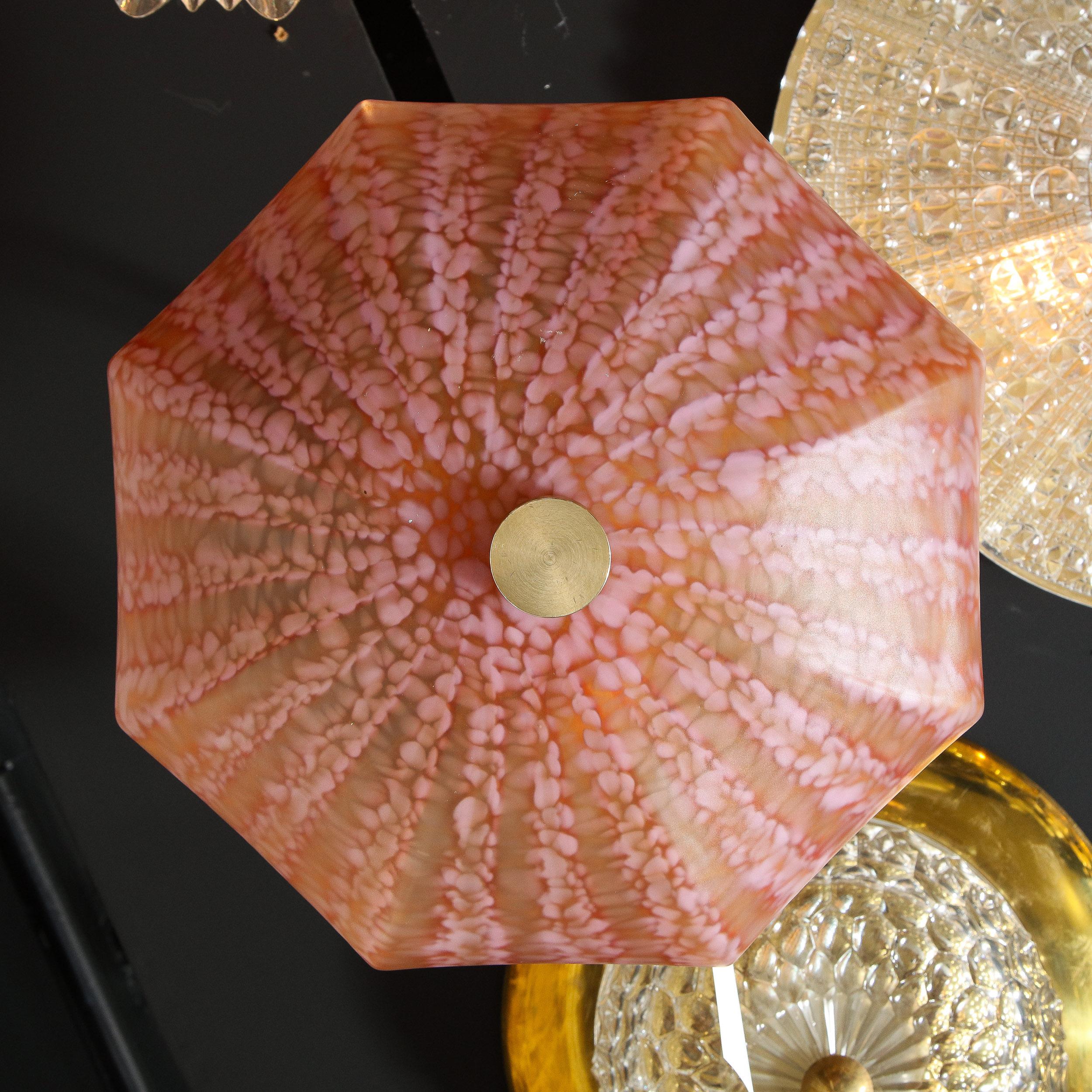 Modernist Handblown Murano Variegated Rose Glass & Brass Pendant Chandelier 8