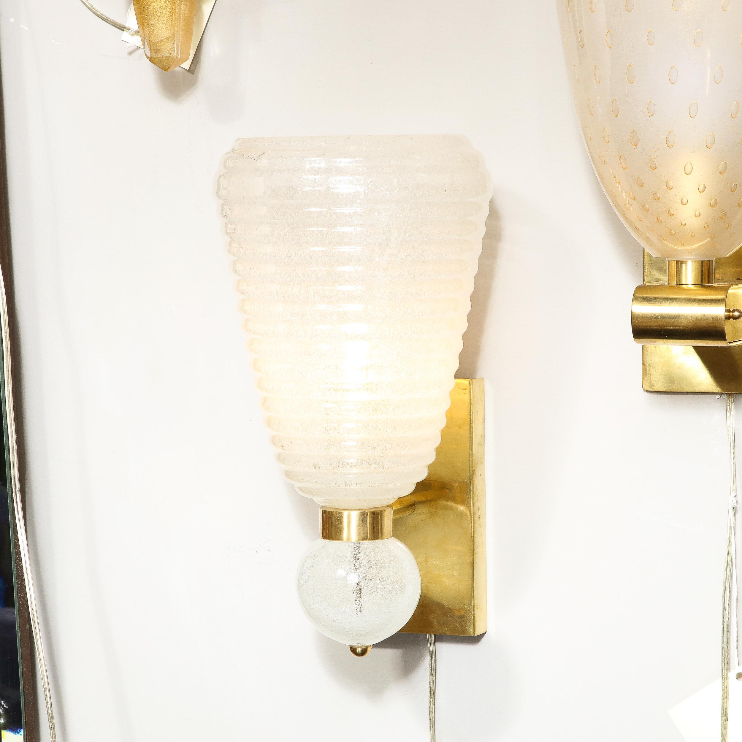 Modernist Handblown Ribbed Murano Sconces w/ 24 Karat White Gold Flecks In New Condition For Sale In New York, NY
