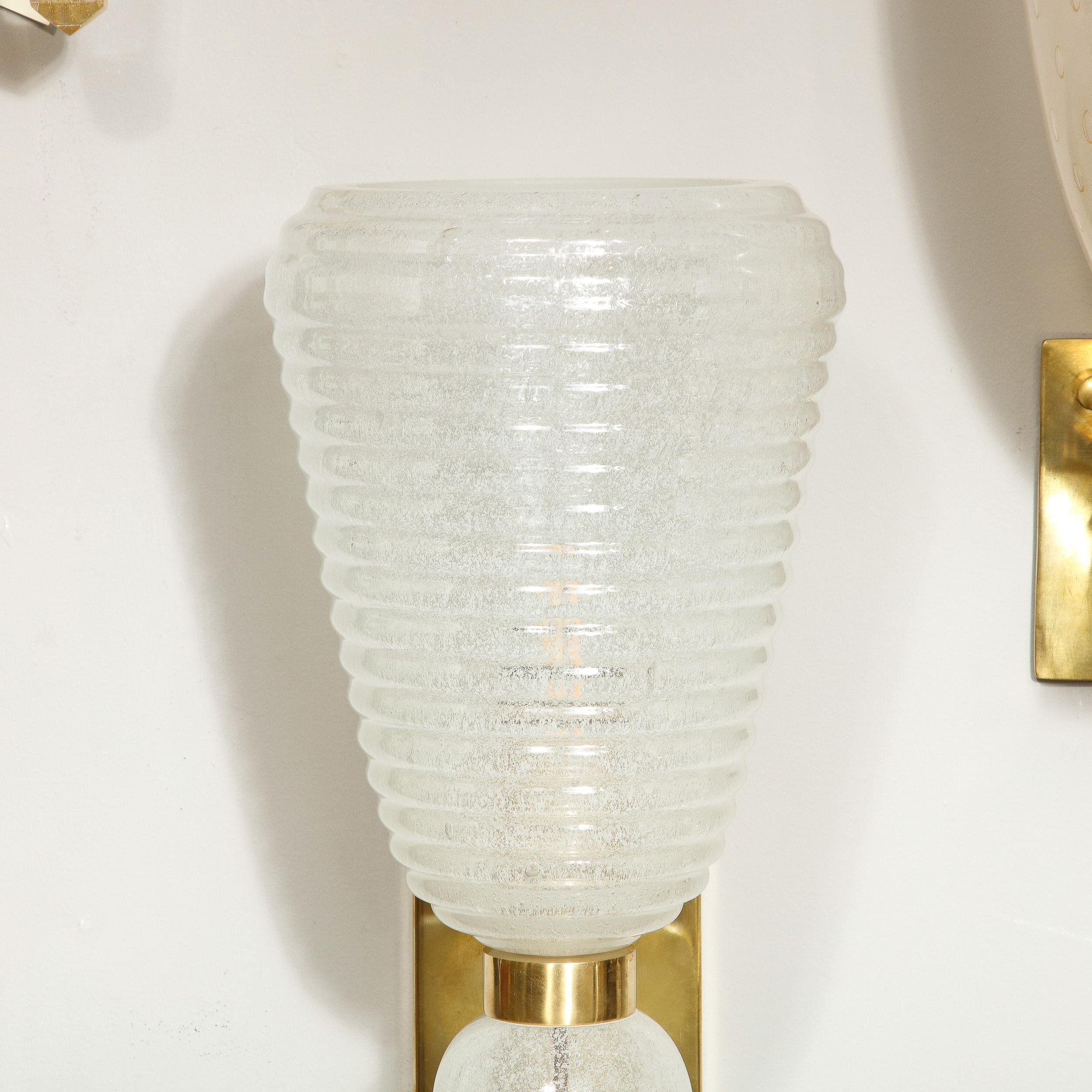 Modernist Handblown Ribbed Murano Sconces w/ 24 Karat White Gold Flecks For Sale 2