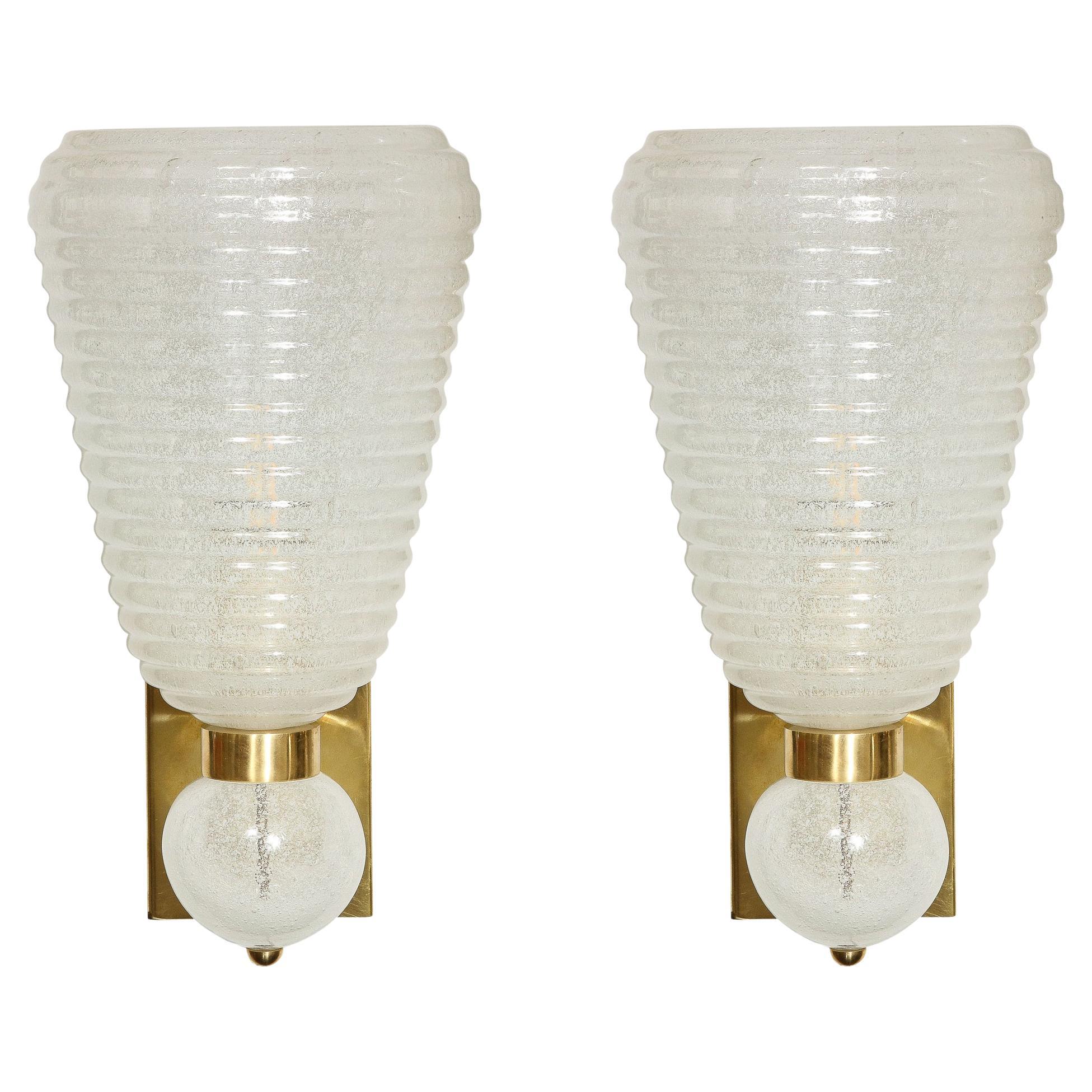 Modernist Handblown Ribbed Murano Sconces w/ 24 Karat White Gold Flecks