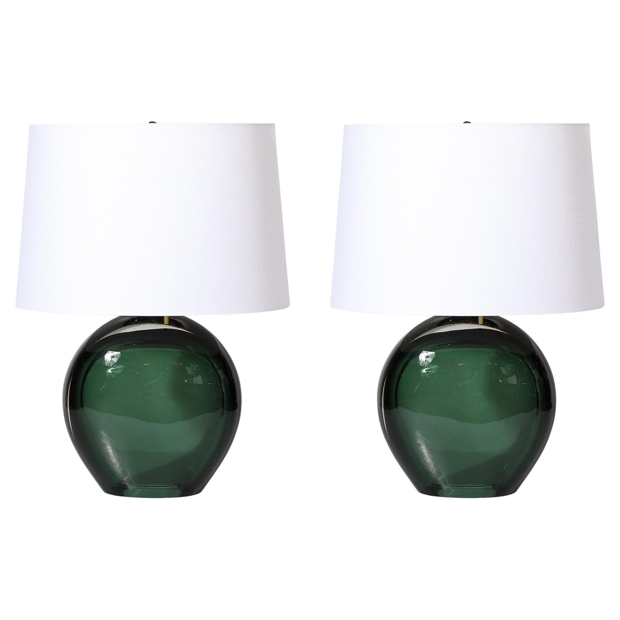 Lámparas de sobremesa modernistas de cristal de Murano ahumado verde viridiana soplado a mano y latón en venta