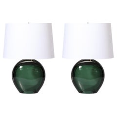 Modernist Handblown Smoked Viridian Green Murano Glass & Brass Table Lamps