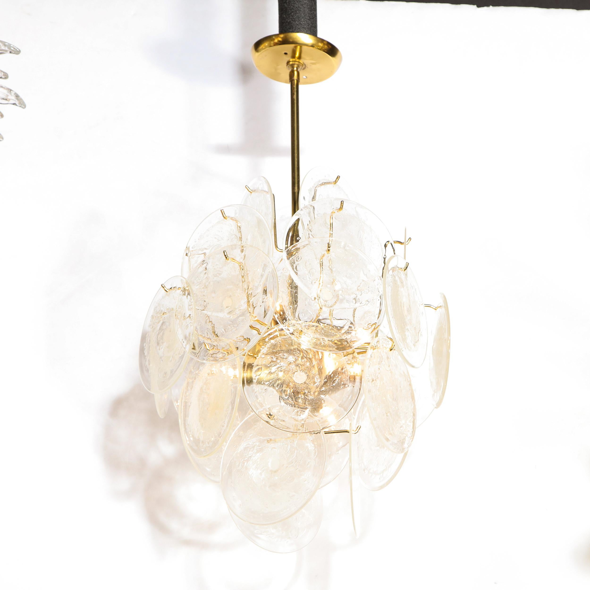 Modernist Handblown Translucent Murano Disc Pendant Chandelier W/ Brass Fittings In Distressed Condition In New York, NY