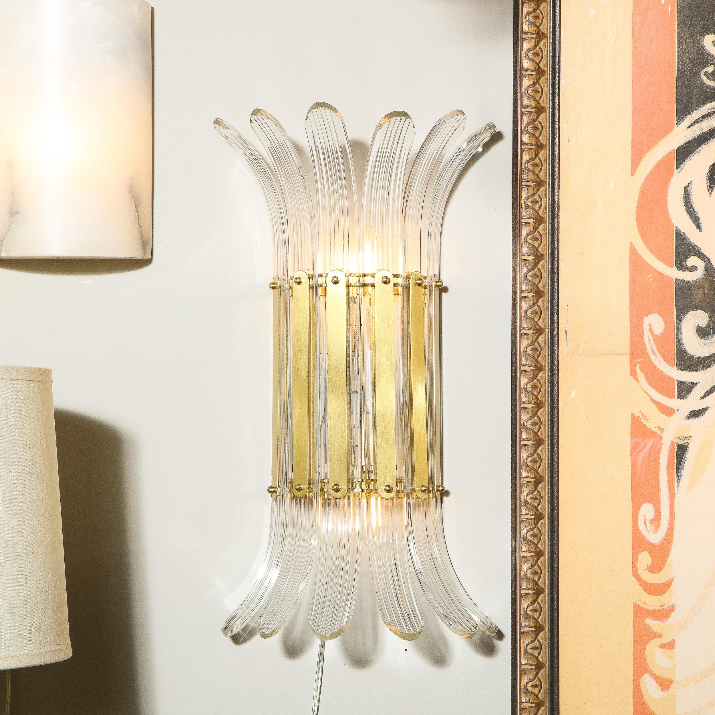 Italian Modernist Handblown Translucent Murano Glass & Brass Petal Sconces