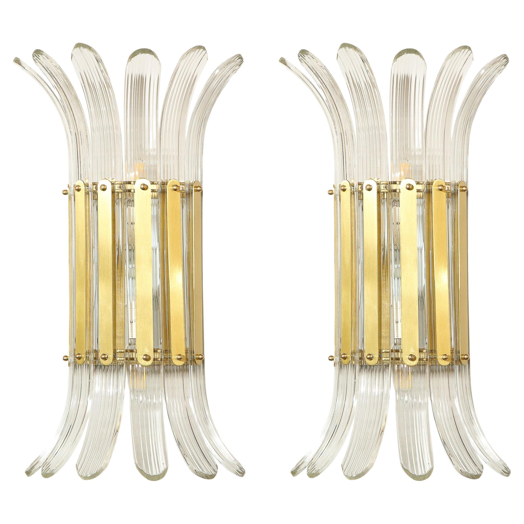 Modernist Handblown Translucent Murano Glass & Brass Petal Sconces