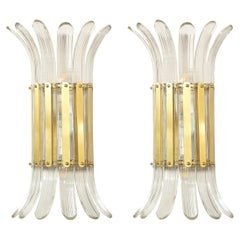 Modernist Handblown Translucent Murano Glass & Brass Petal Sconces