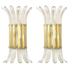 Modernist Handblown Translucent Murano Glass & Brass Petal Sconces