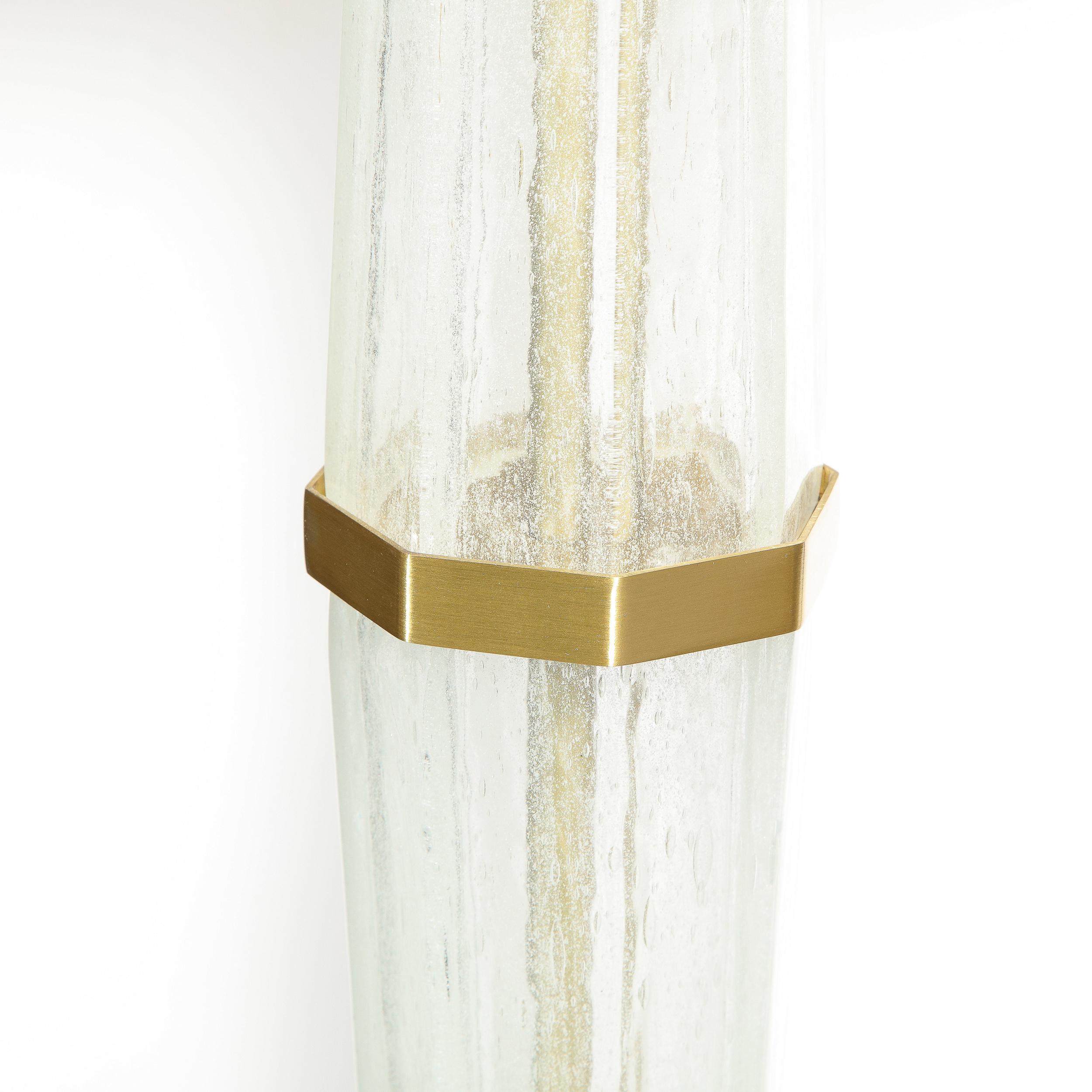 Italian Modernist Hand Blown White Murano Glass and Polished Brass Hourglass Floor Lamps For Sale
