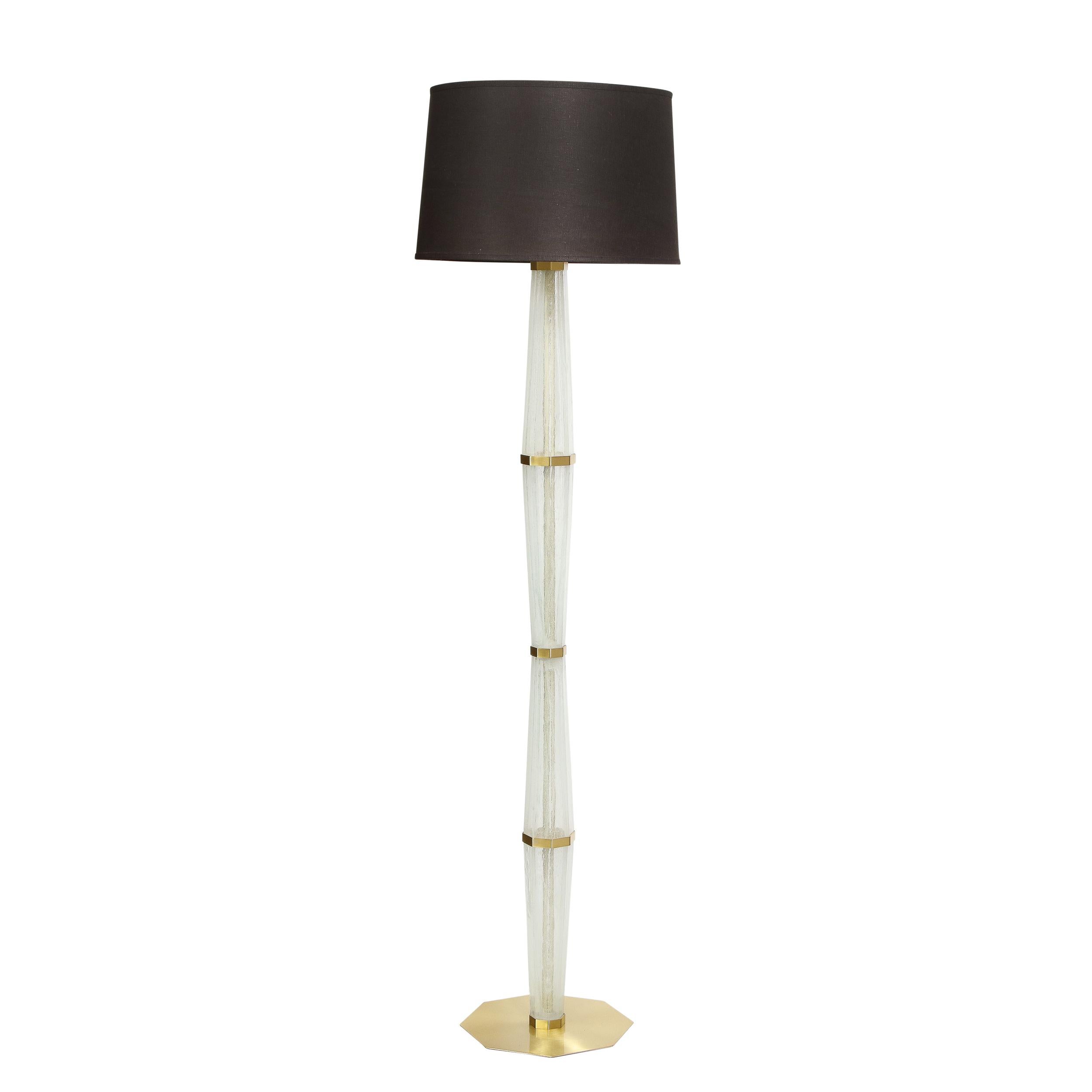 Modernist Hand Blown White Murano Glass and Polished Brass Hourglass Floor Lamps For Sale 1